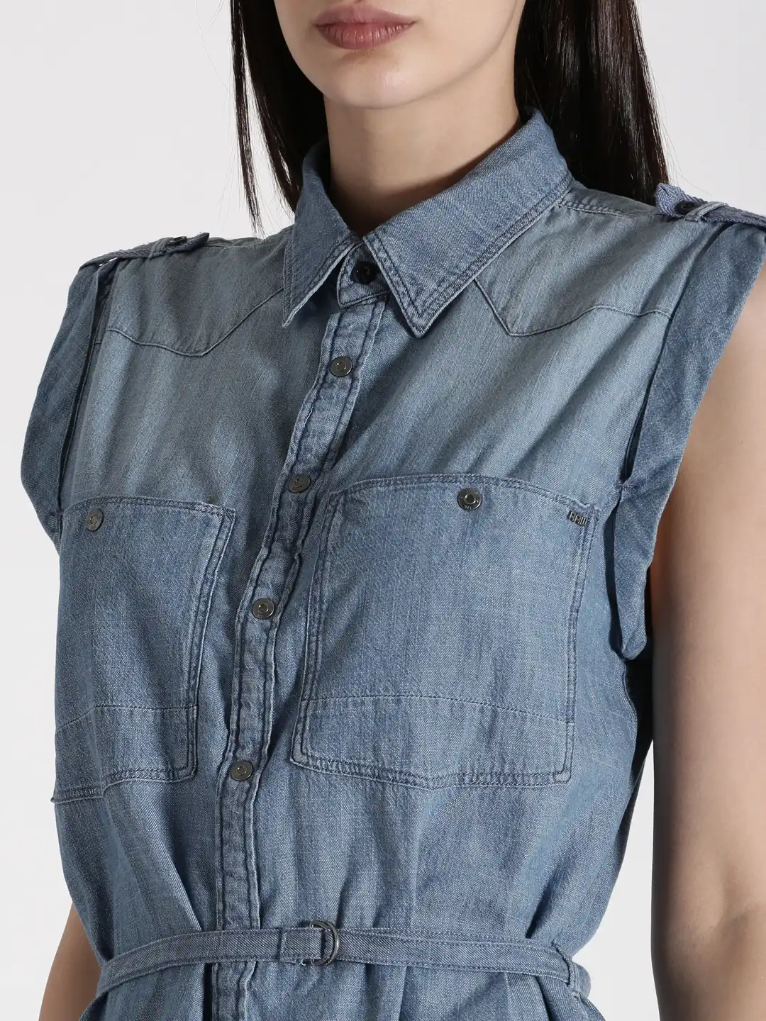 g star raw denim dress G-STAR RAW Tacoma Denim Dress L/S Shirtdress Snap Up Zip Pockets Womens S $200 *