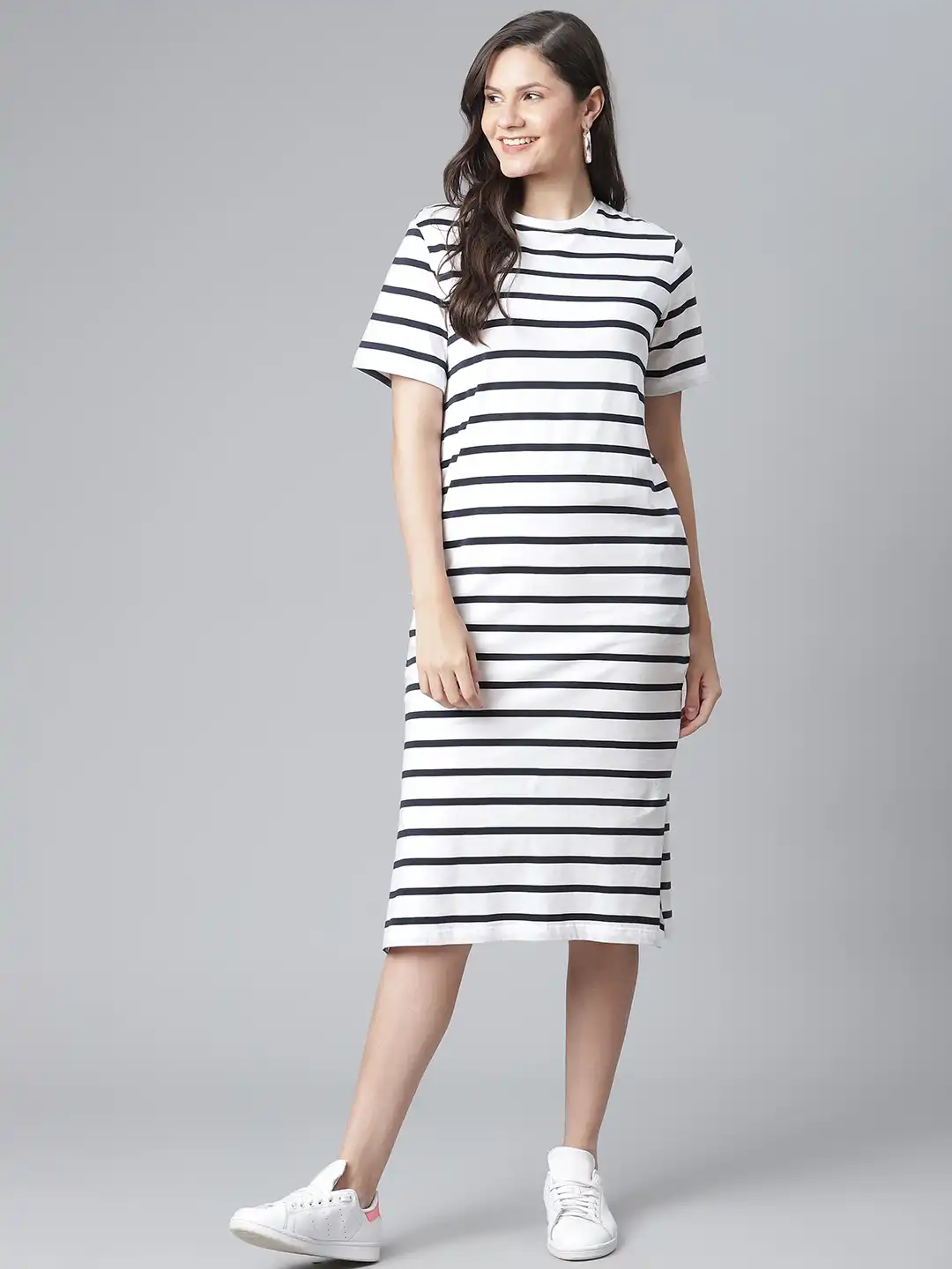 Buy Marks & Spencer White & Black Pure Cotton Striped Midi T-shirt Dress -  Dresses for Women 14776064 | Myntra