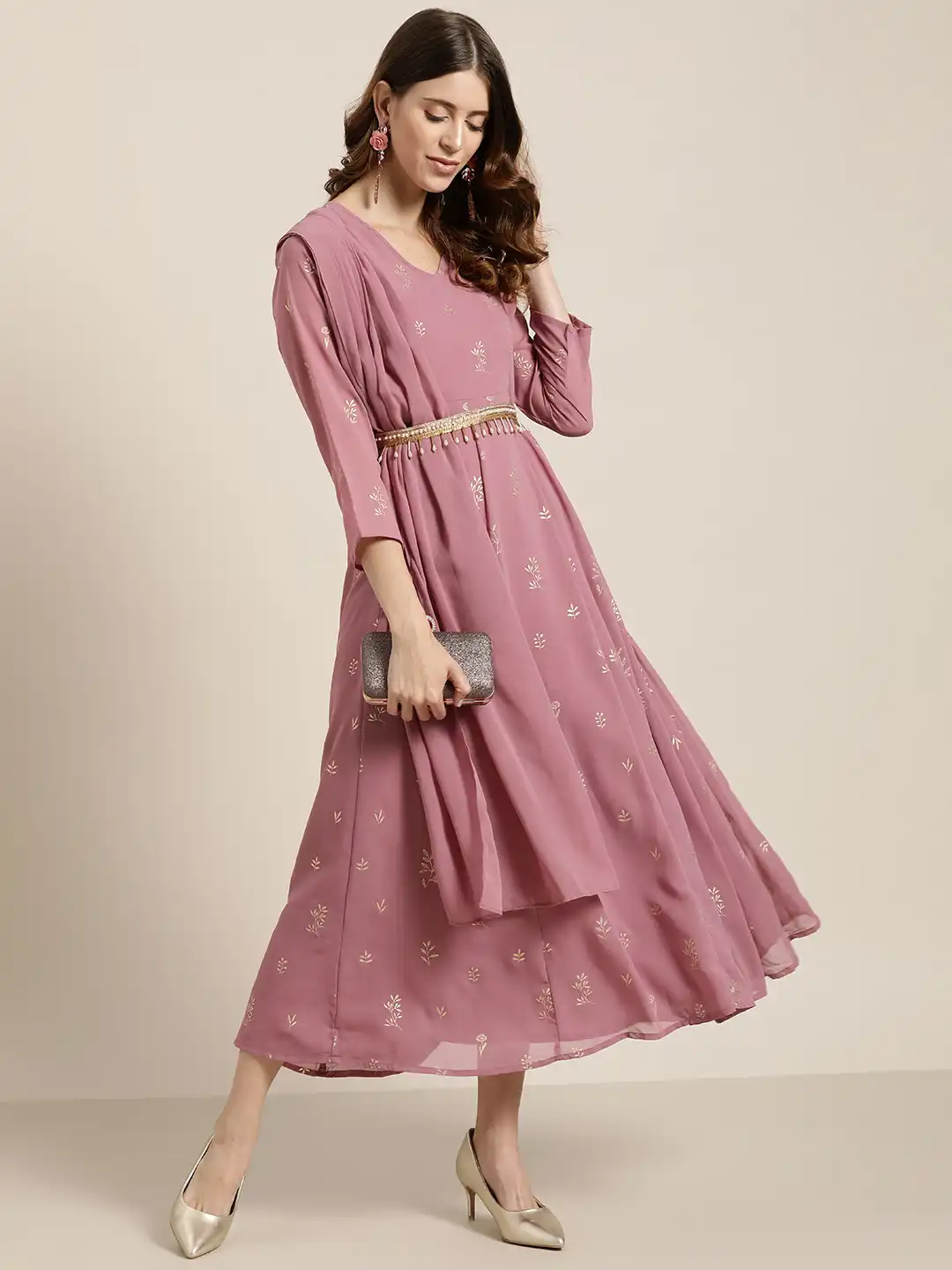 Buy Juniper Dusty Pink & Golden Ethnic Motifs Print Maxi Dress with  Attached Dupatta & Belt - Ethnic Dresses for Women 14811888 | Myntra