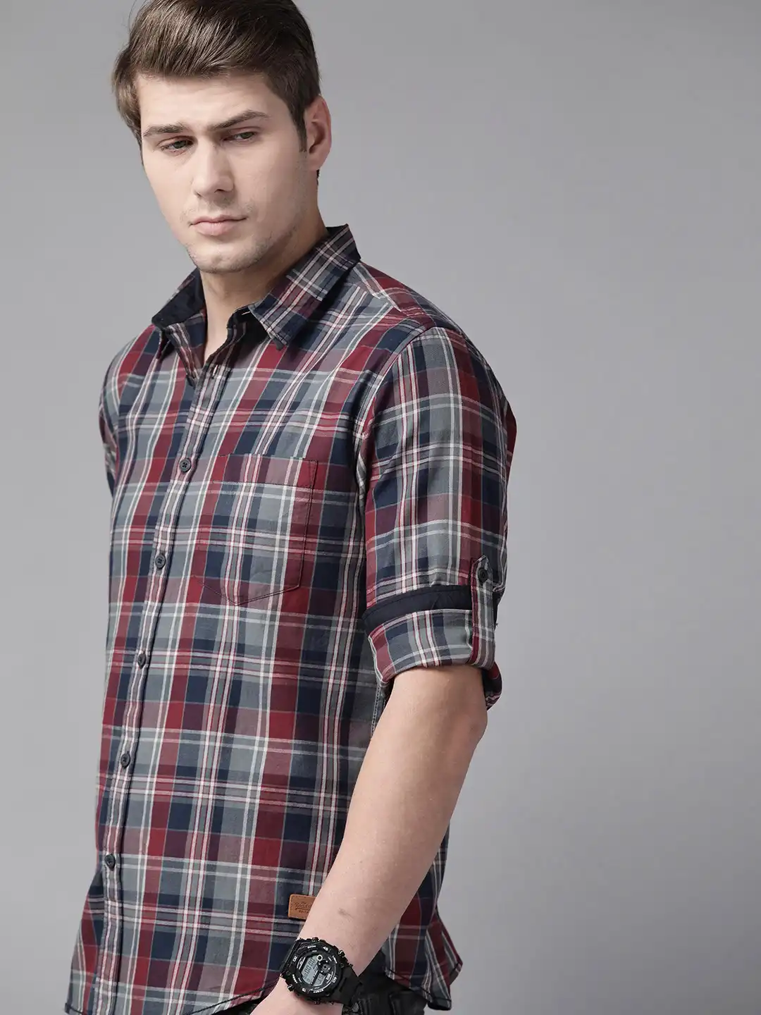 Buy Roadster Men Maroon & Grey Checked Pure Cotton Casual Shirt