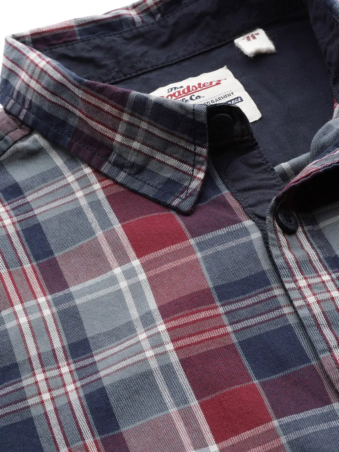 Buy Roadster Men Maroon & Grey Checked Pure Cotton Casual Shirt