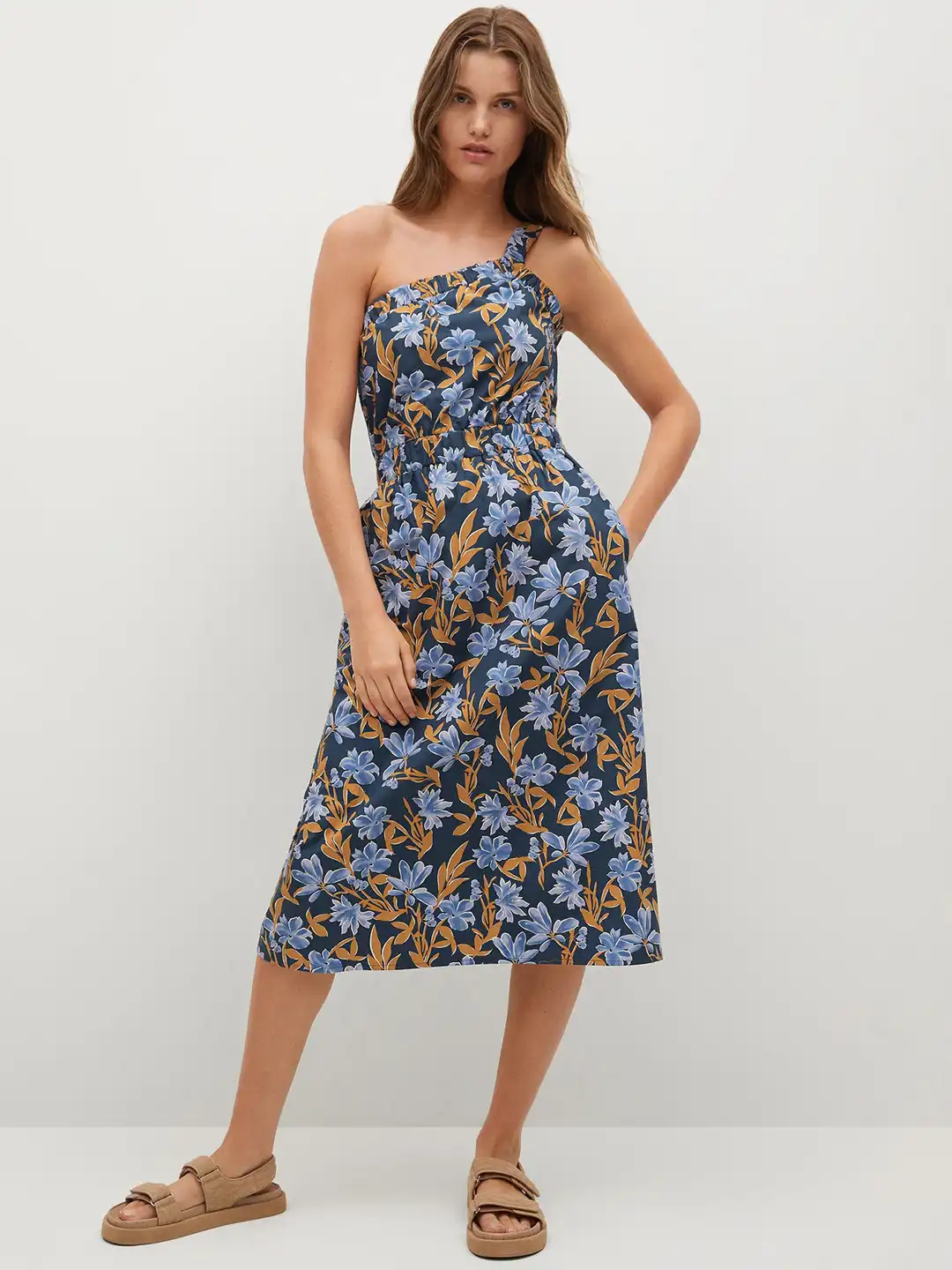 Buy MANGO Blue & Brown Floral One Shoulder A-Line Midi Dress - Dresses for  Women 15315234 | Myntra