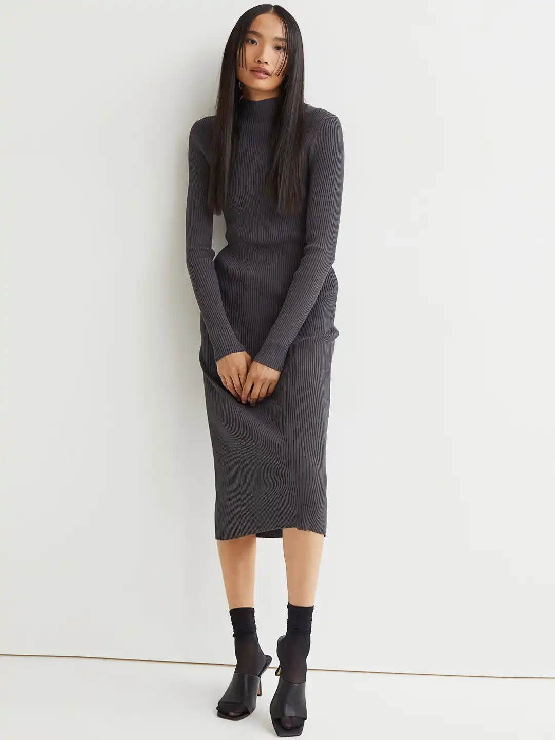 rib knit dress h&m grey Ladies - Gray Melange Rib-Knit Dress - Size: L