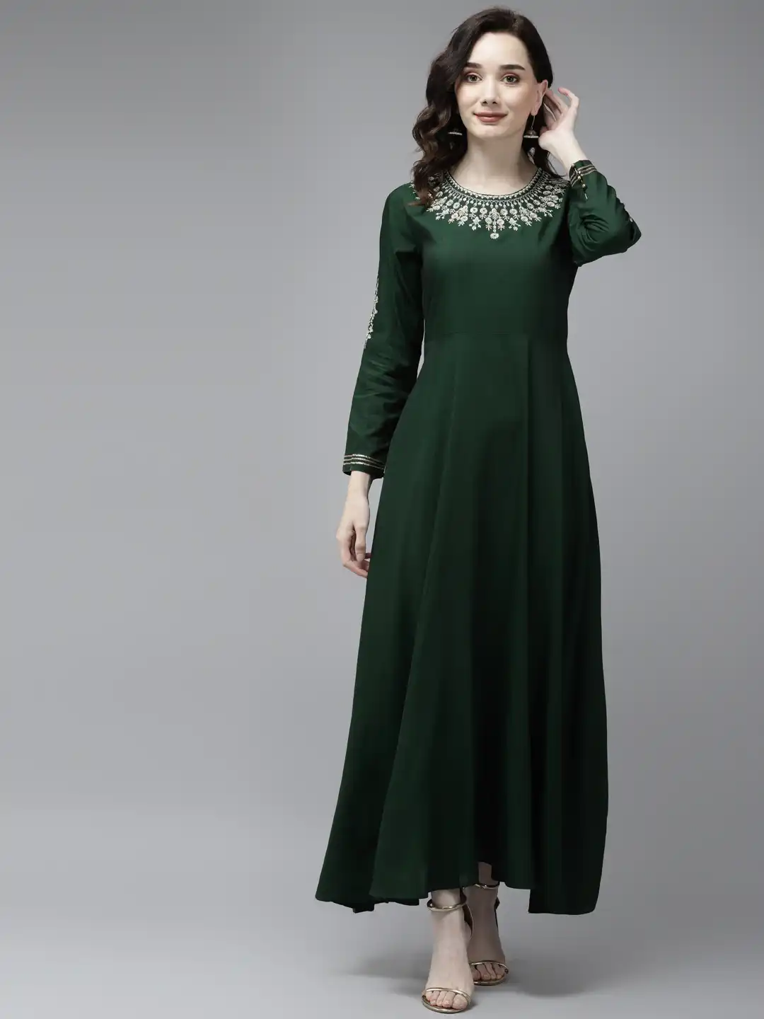 Buy W Women Bottle Green Embroidered Ethnic Maxi Dress - Ethnic Dresses for  Women 15754186 | Myntra