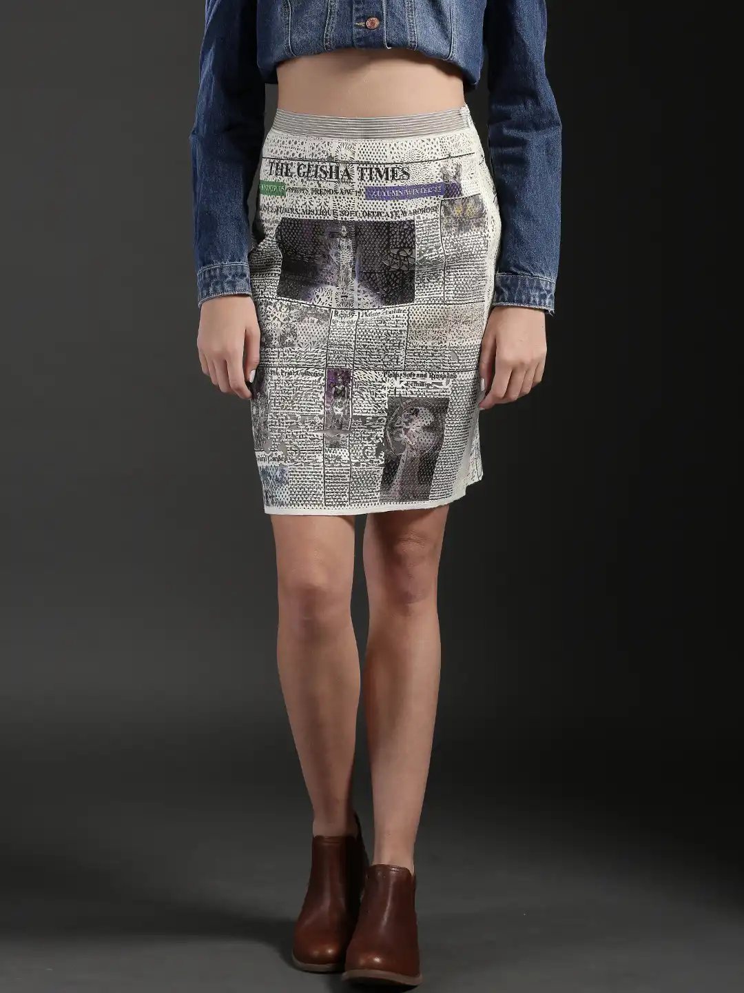 Buy Geisha Designs Off-White Newspaper Print Pencil Skirt - Skirts