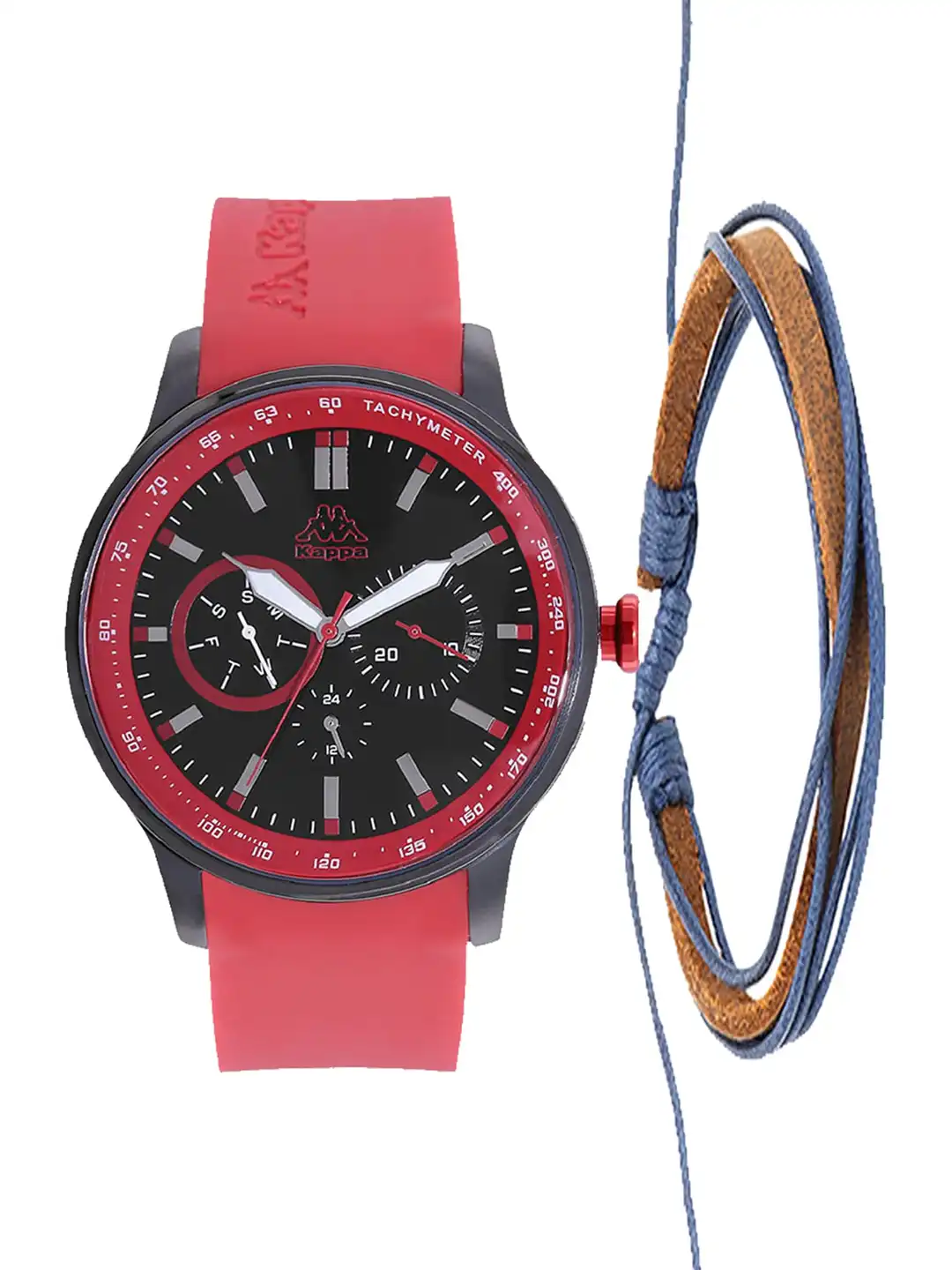 Buy Kappa Men Black & Red Watch & Leather Bracelet Gift Set