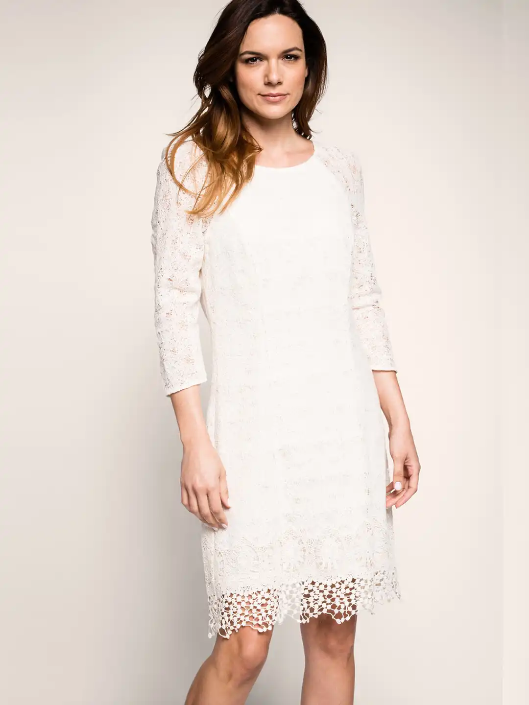 esprit white lace dress 66004: Sleeveless Fit and Flare with Point D'esprit Lace