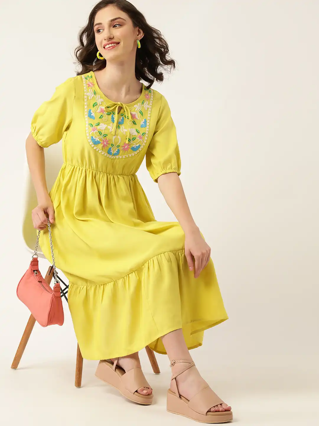 Buy DressBerry Lime Green Floral Embroidered Tie-Up Neck A-Line Midi Dress  - Dresses for Women 16950638 | Myntra