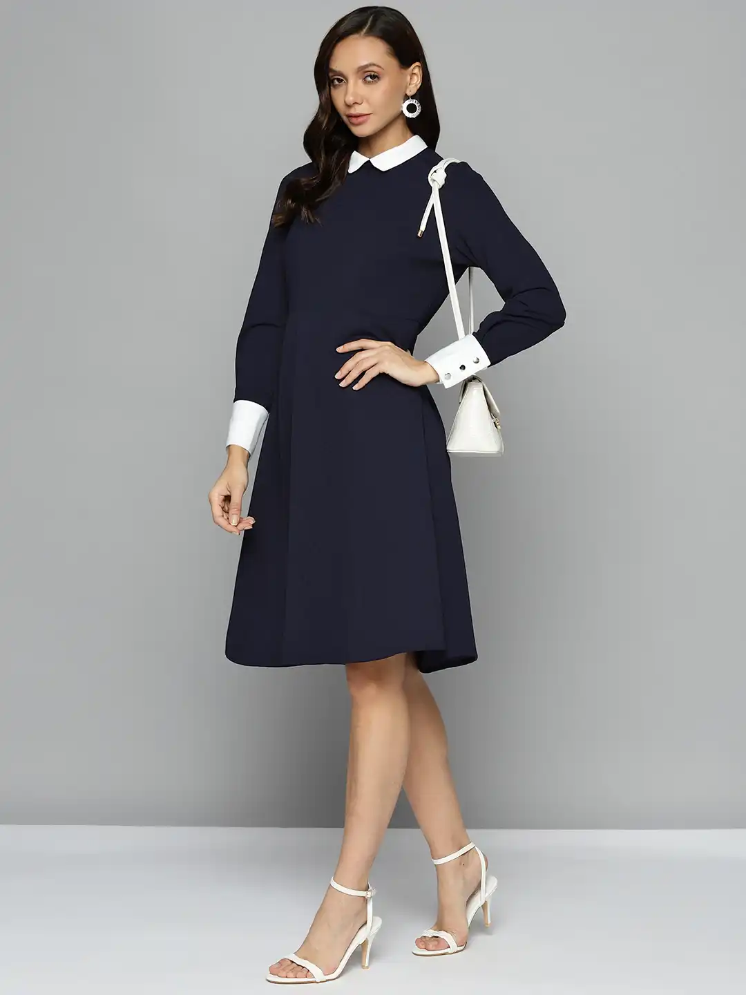 Buy Chemistry Navy Blue Contrast Shirt Collar A-Line Dress