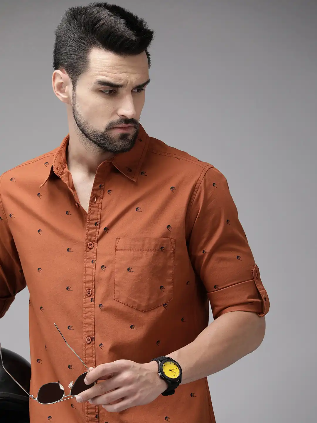 Buy Roadster Men Brown Printed Pure Cotton Sustainable Casual