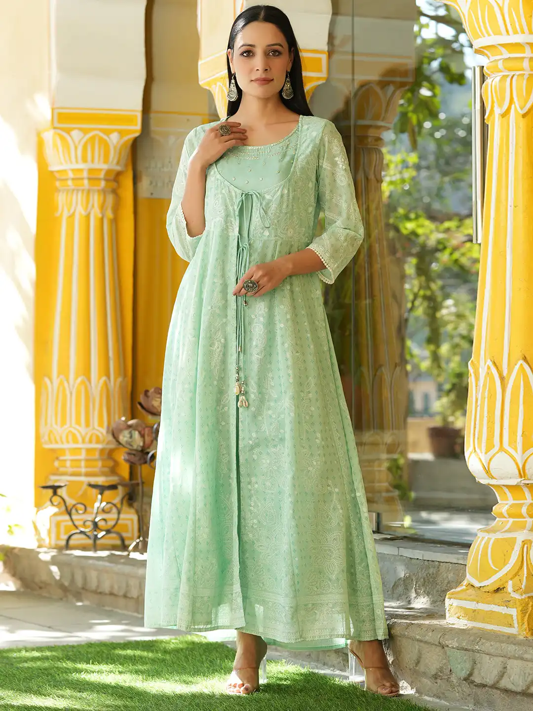 Buy Juniper Mint Green & Silver Yoke Mirror Work A-Line Midi Dress with Ethnic Jacket - Ethnic Dresses for Women 17060714 | Myntra Buy Juniper Mint Green & Silver Yoke Mirror Work A-Line Midi Dress with Ethnic Jacket - Ethnic Dresses for Women 17060714 | Myntra