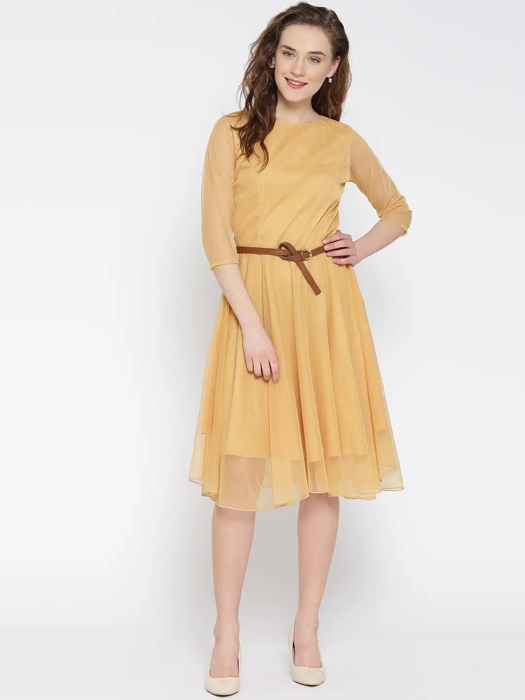 Buy U&F Women Mustard Yellow Crepe Solid Fit & Flare Dress - Dresses for  Women 1715422 | Myntra