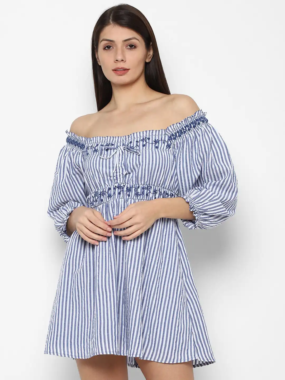 Buy AMERICAN EAGLE OUTFITTERS Blue & White Striped Off-Shoulder Cotton Mini  Dress - Dresses for Women 17168242 | Myntra