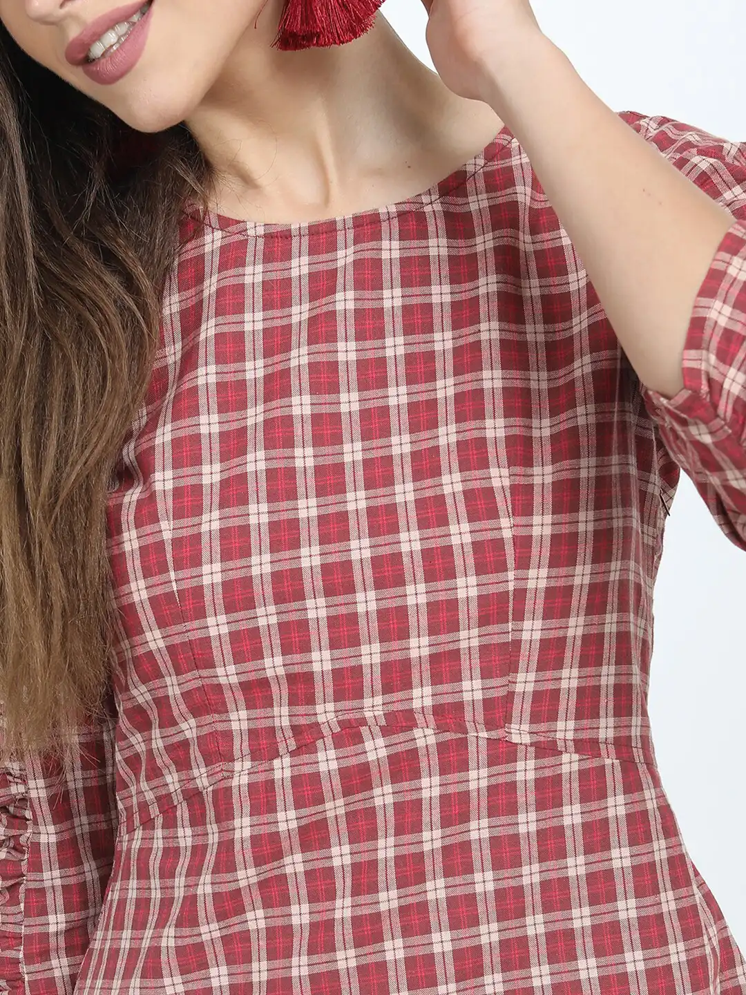 Buy Tokyo Talkies Brown & Maroon Checked Styled Back Cotton Top