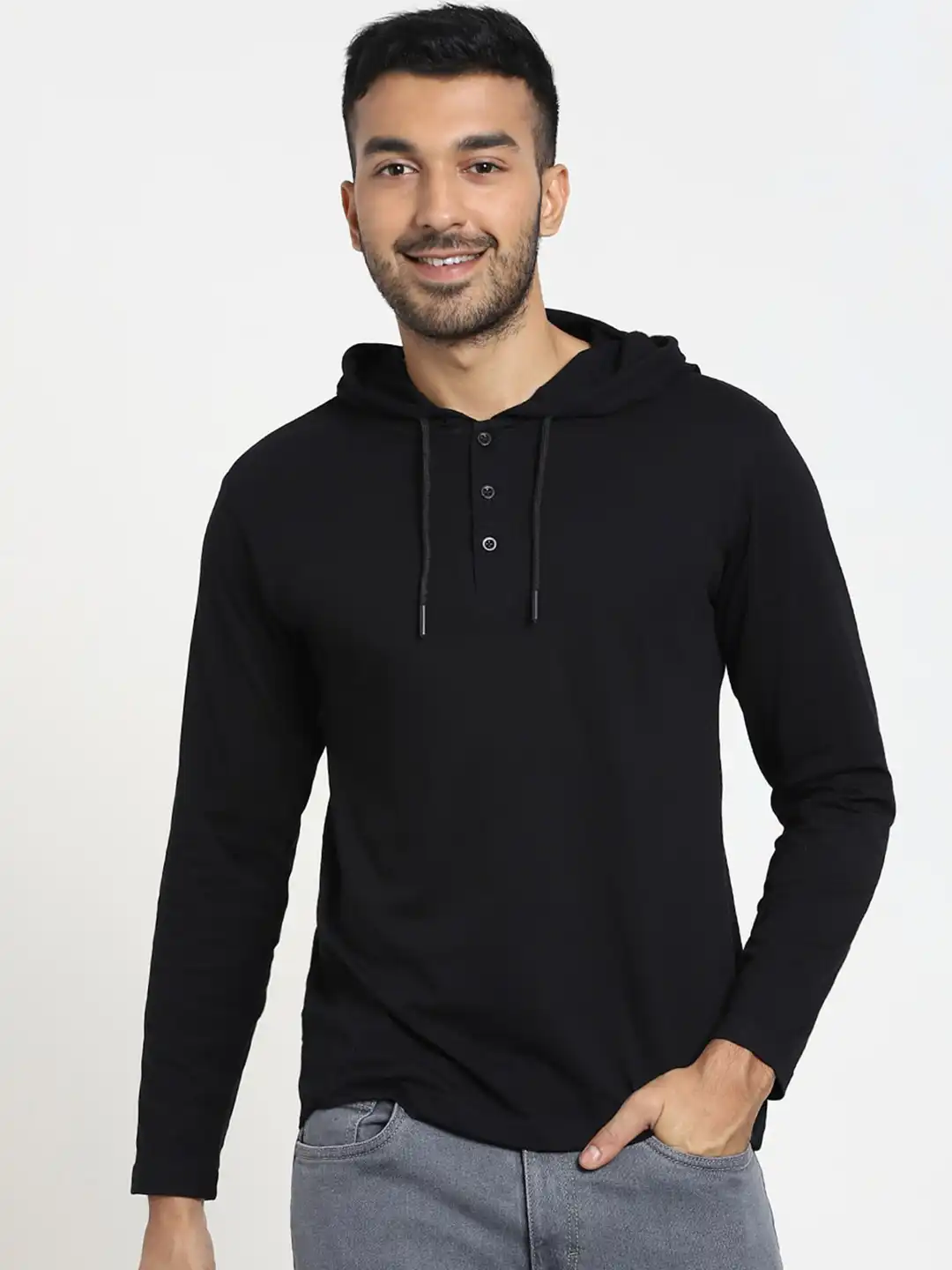 Buy Bewakoof Men Black Henley Hoodie T-shirt - Tshirts for Men
