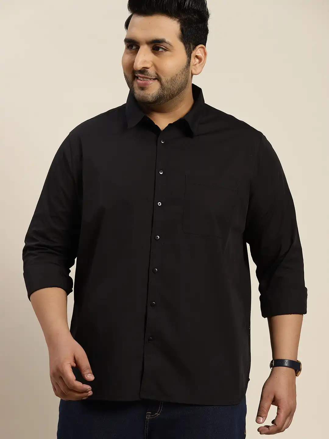 Buy Sztori Men Plus Size Black Solid Cotton Casual Shirt - Shirts
