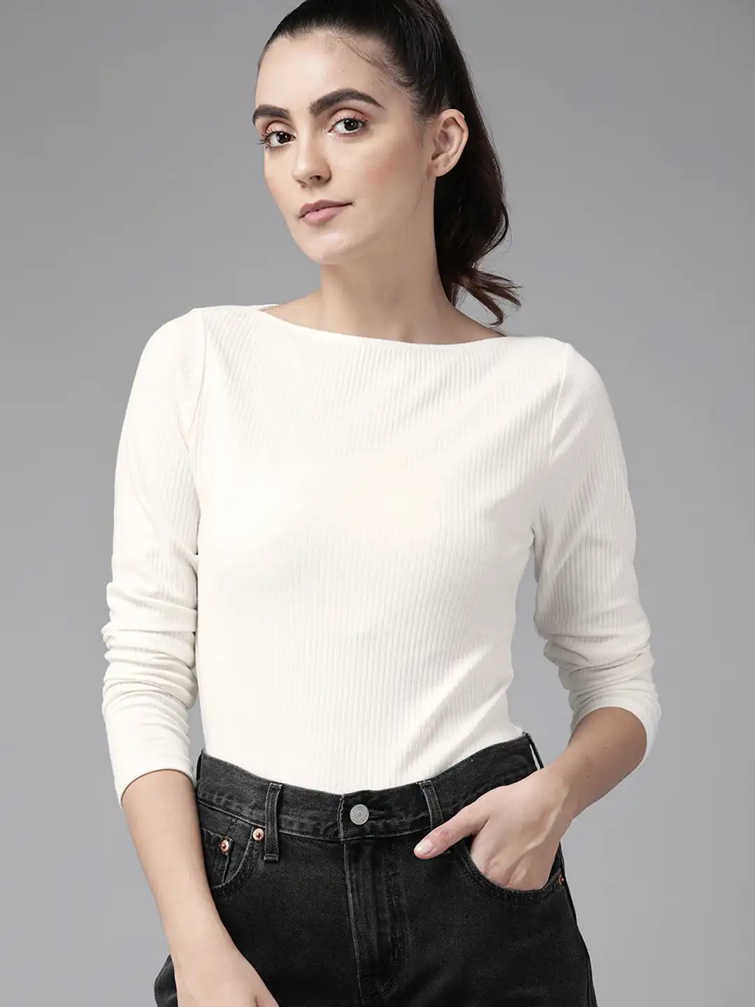 トップス CLANE BOAT NECK NO SLEEVE KNIT TOPS Stretchable Gathered Detailed Boat Neck Top