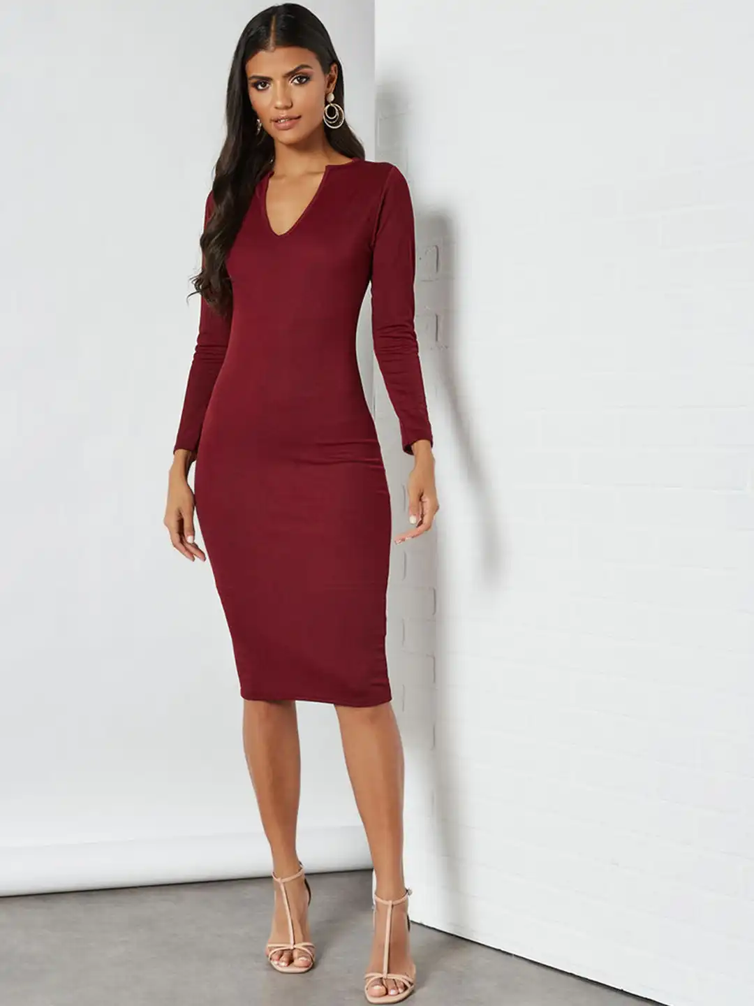 maroon bodycon midi dress Burgundy Long Sleeve O-Ring Detail Bodycon Midi Dress AX Paris