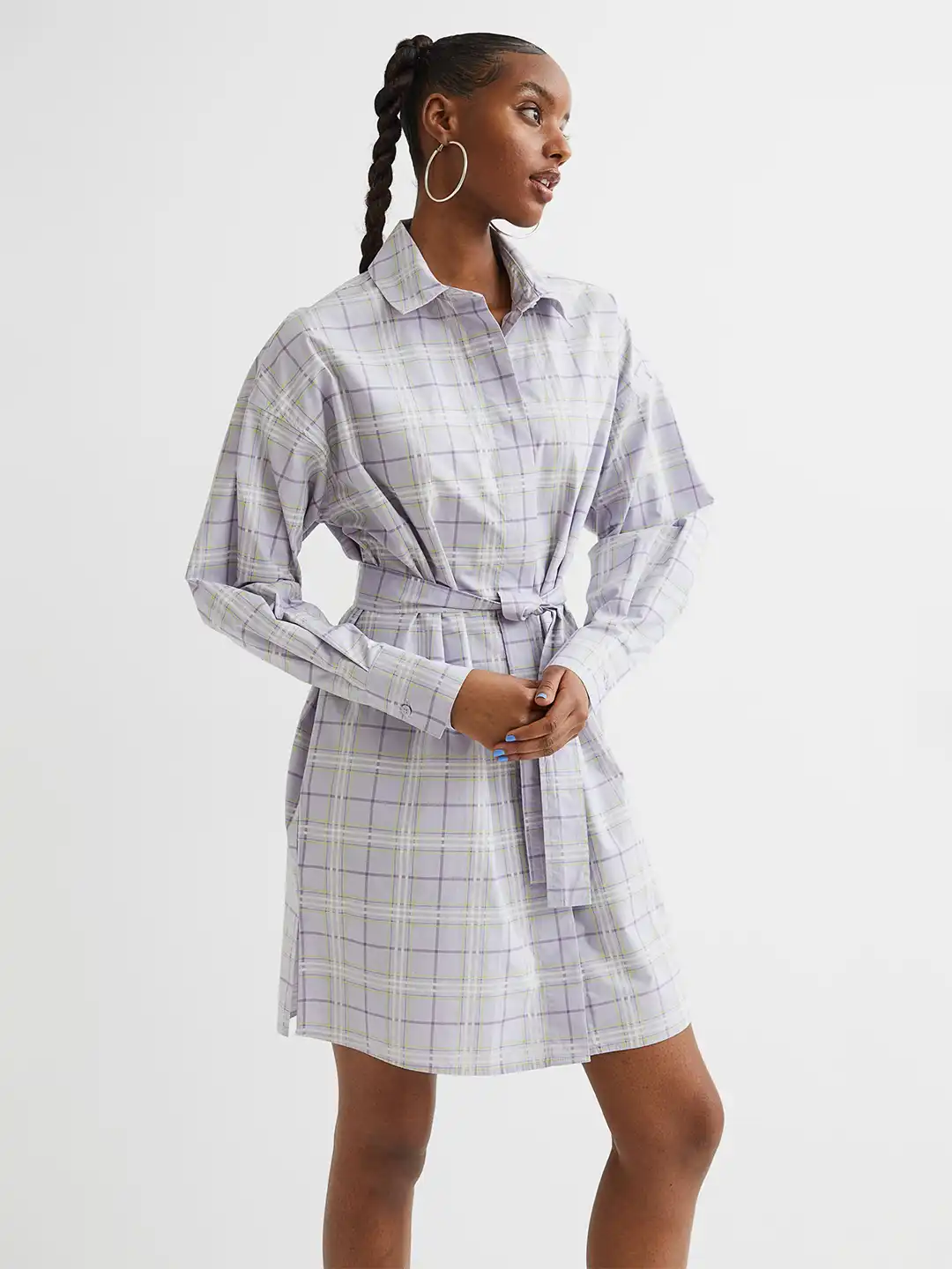 h&m checked shirt dress Buy H&M Women Purple Checked Cotton Tie-Belt Shirt Dress - Dresses for  Women 17464646