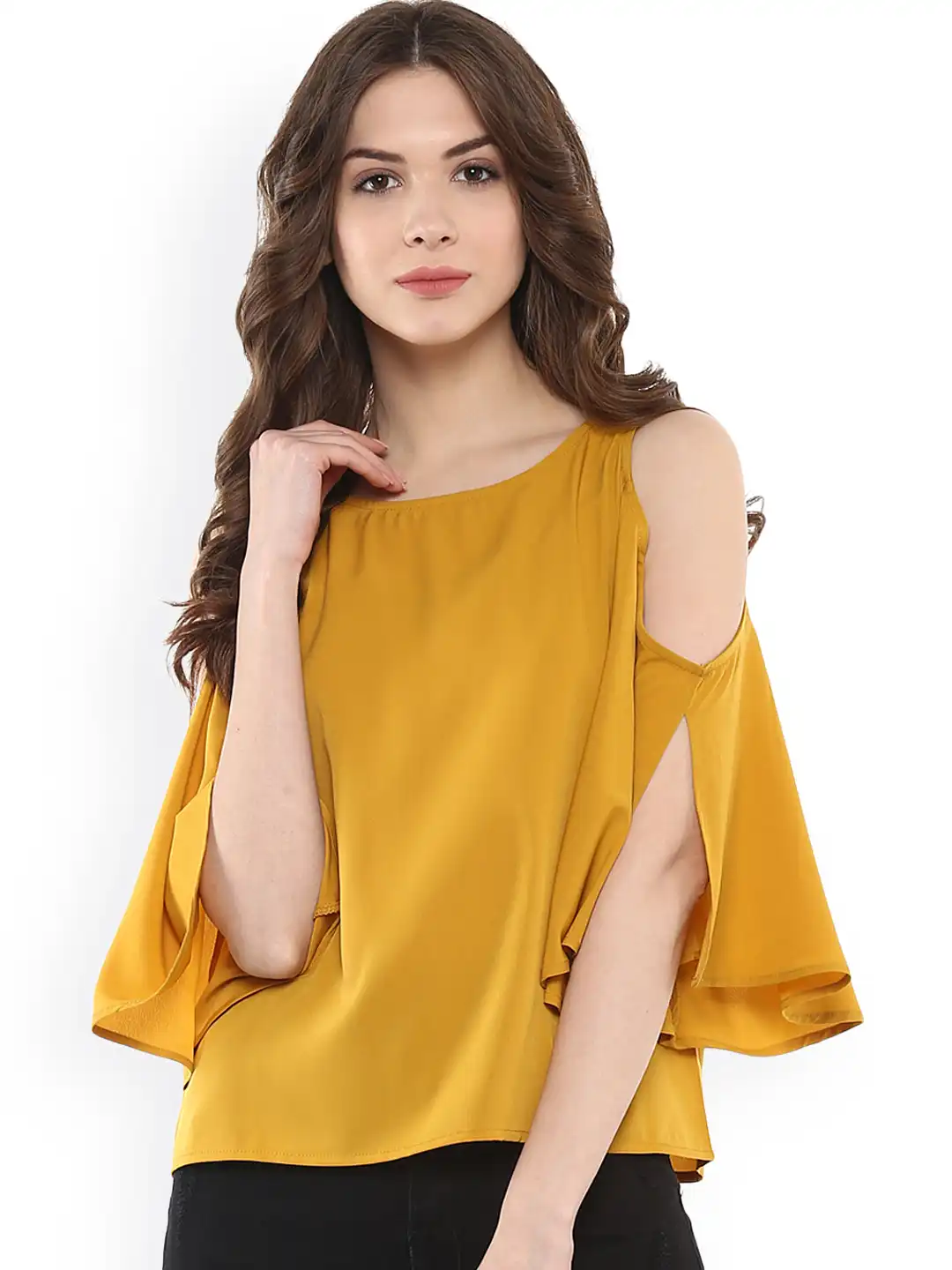 Buy Harpa Mustard Yellow Cold Shoulder Top - Tops for Women
