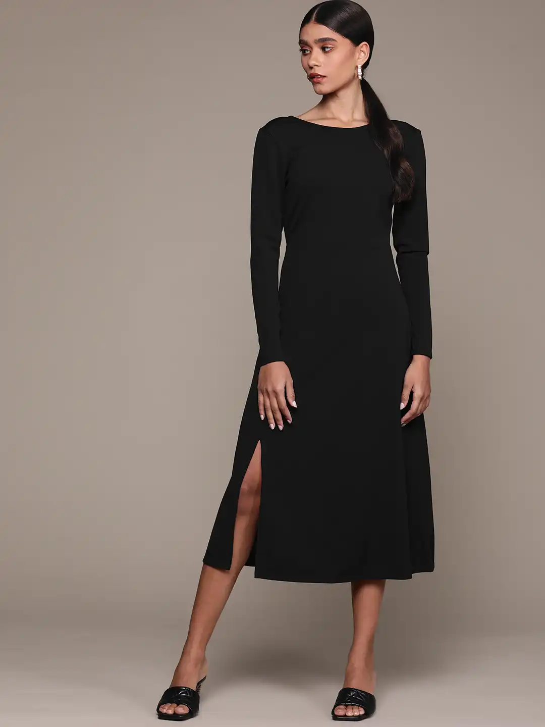 bebe long black dress Bebe Women's Mesh Inset Long Sleeve Midi Dress