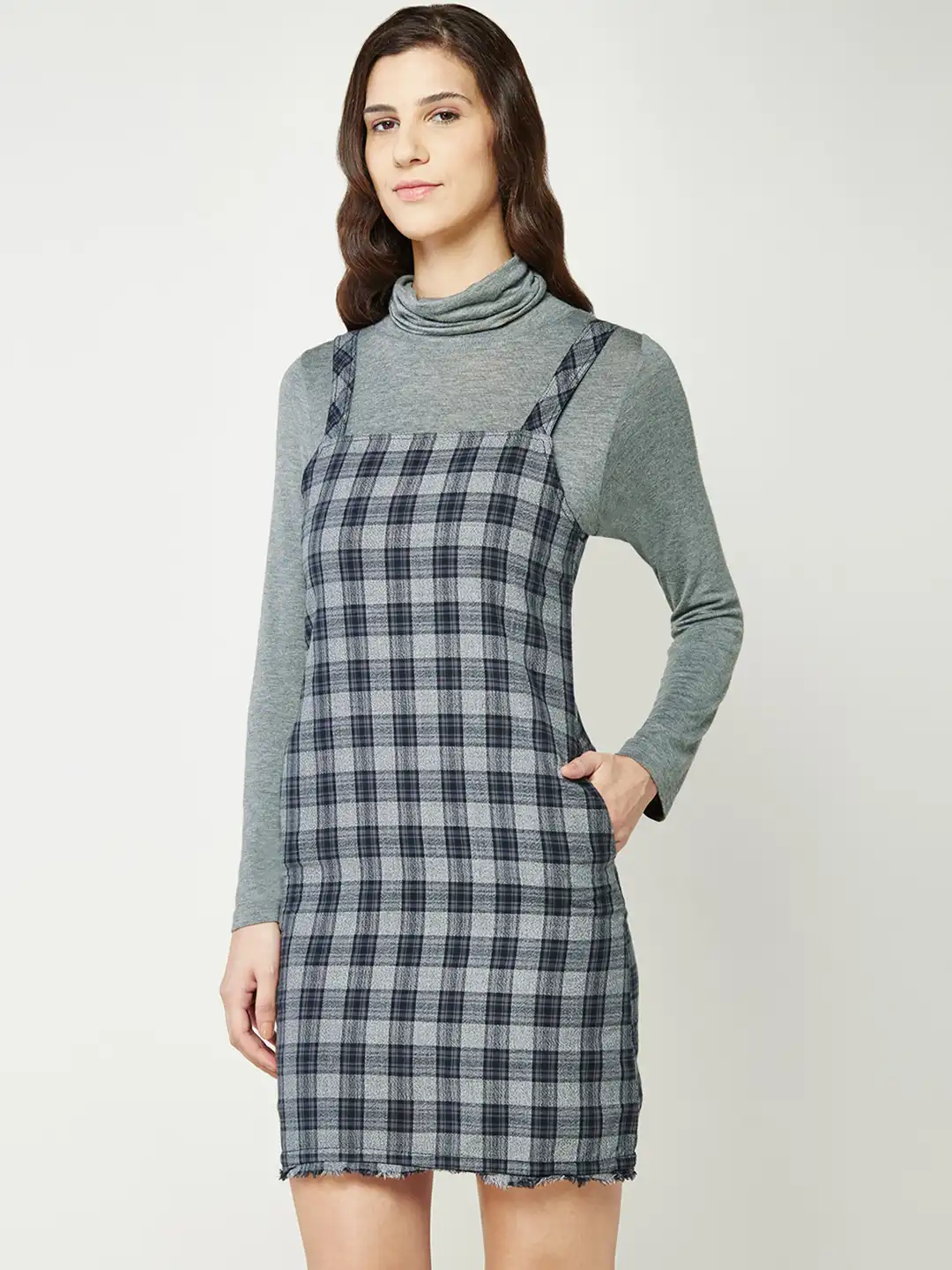 Buy AND Women Grey & Black Checked Dungaree Dress - Dresses for Women  1766119 | Myntra