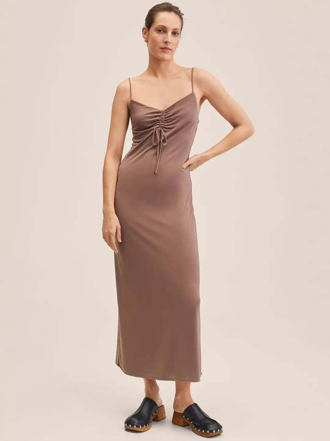 mango brown maxi dress Mango Strappy Maxi Dress With Ruched Waist in Brown