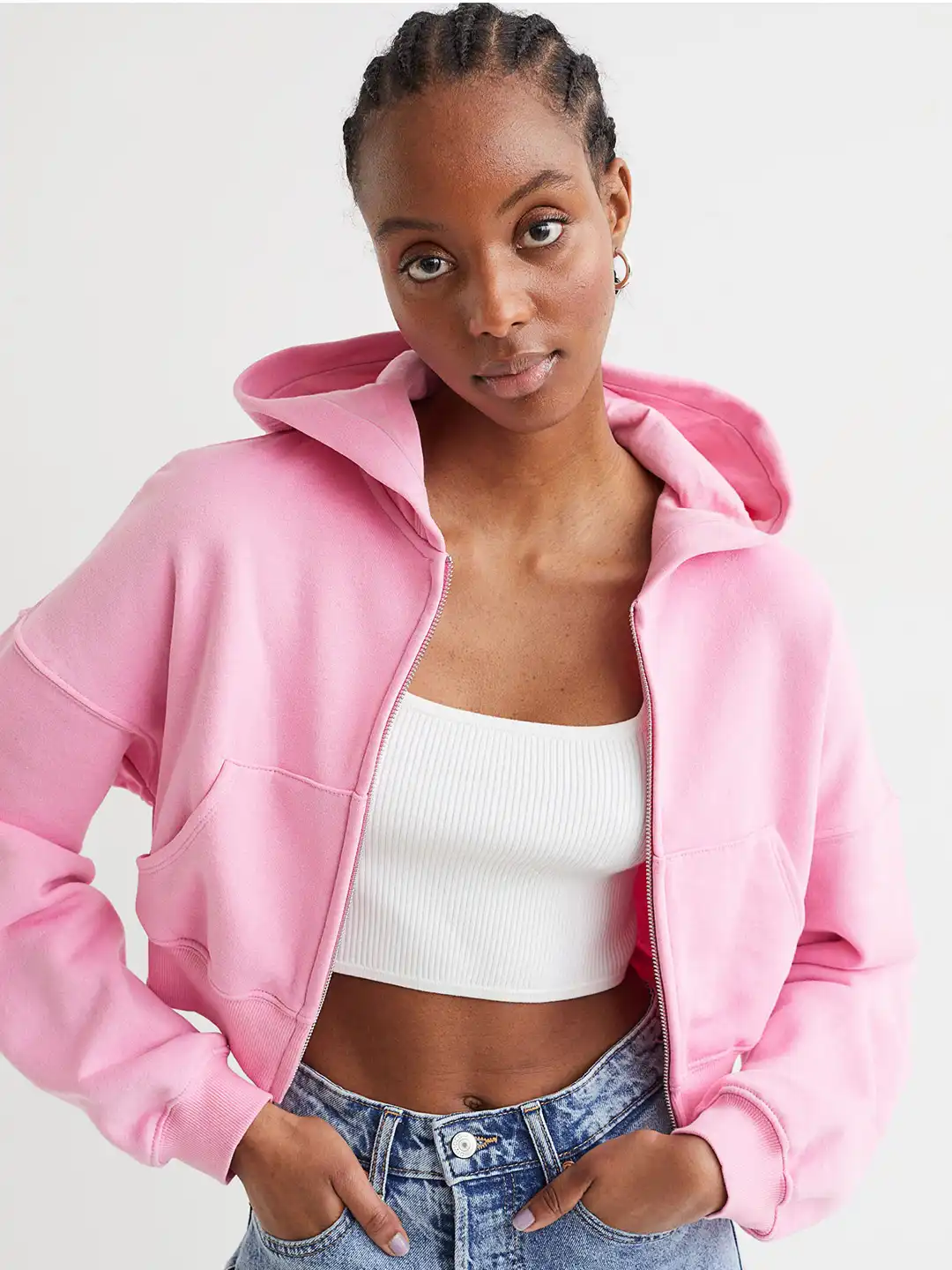 Buy H&M Women Pink Cropped Zip-Through Hoodie - Sweatshirts for