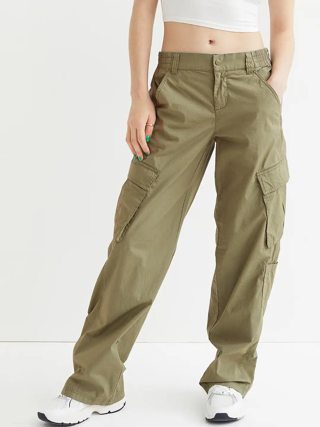 Buy H&M Women Olive Green Regular Fit Cargo Trousers - Trousers