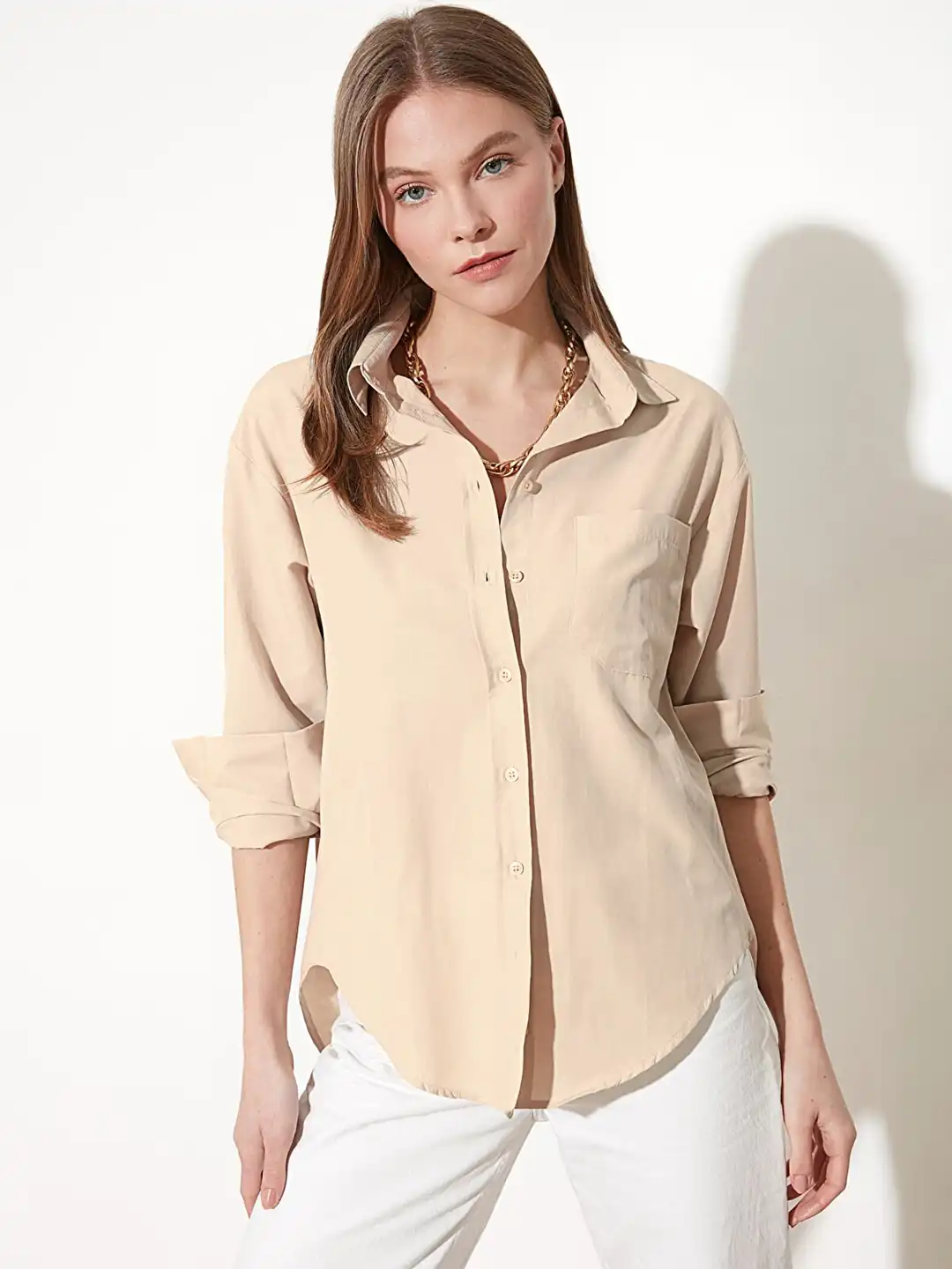 Buy Trendyol Women Cream-Coloured Spread Collar Casual Shirt - Shirts for Women 17814566