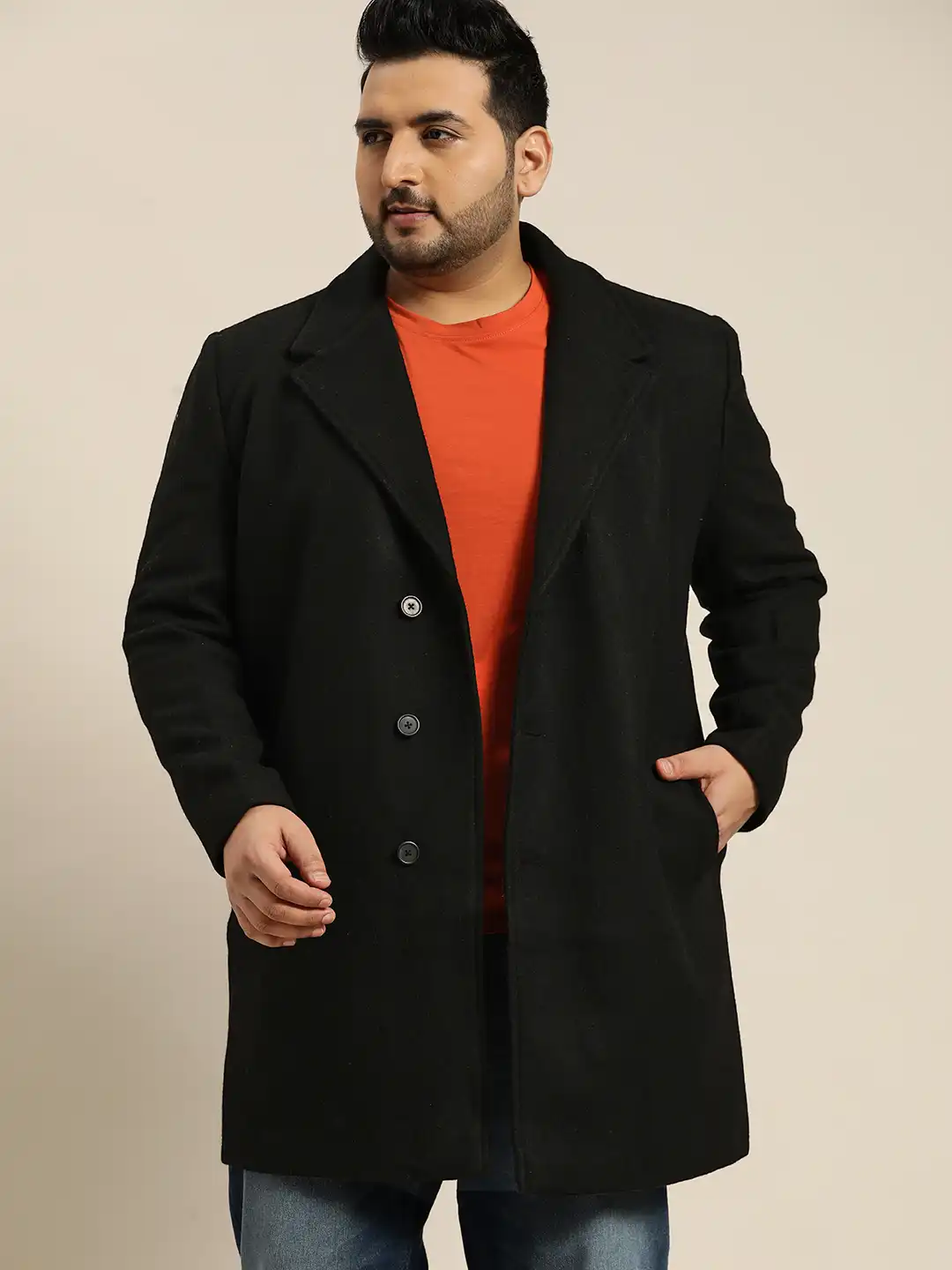 Buy Sztori Men Plus Size Black Solid Longline Overcoat - Coats for