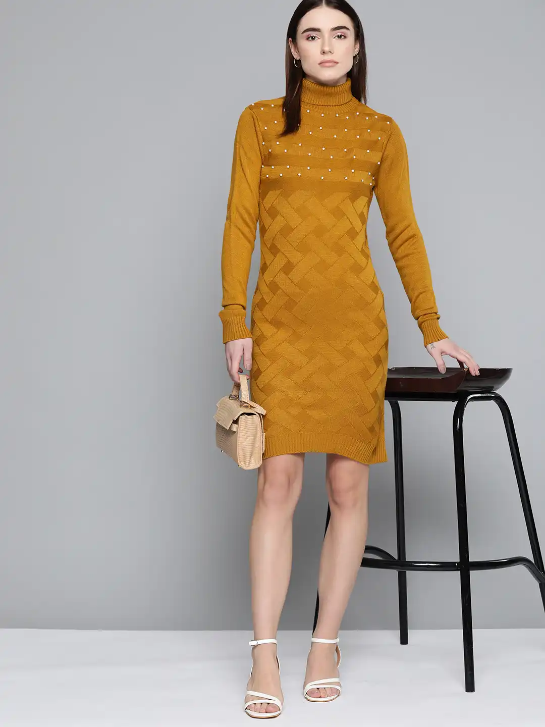 Buy Chemistry Mustard Yellow Self-Design Turtle Neck Embellished Jumper  Dress - Dresses for Women 18231536 | Myntra