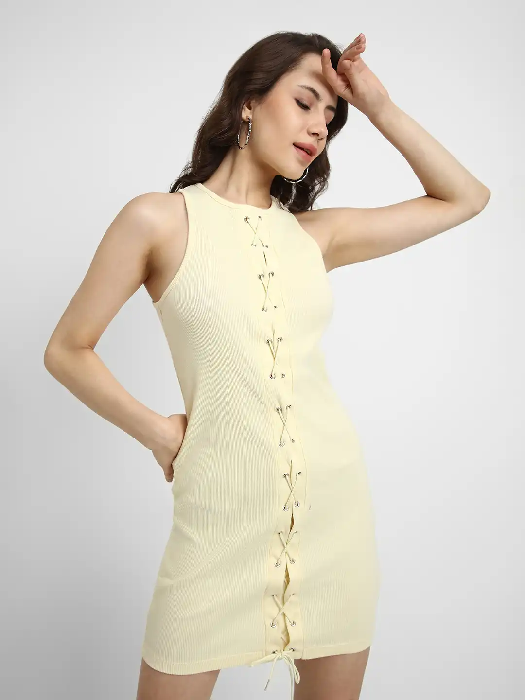 yellow bodycon dress forever 21 Buy Lace-Up Pure Cotton Mini - Dresses for Women 18283748 while the Black Bloomingdales Agnes Draped Ruffle Maxi Color:All Ivory (gown with Ivory Illusion)