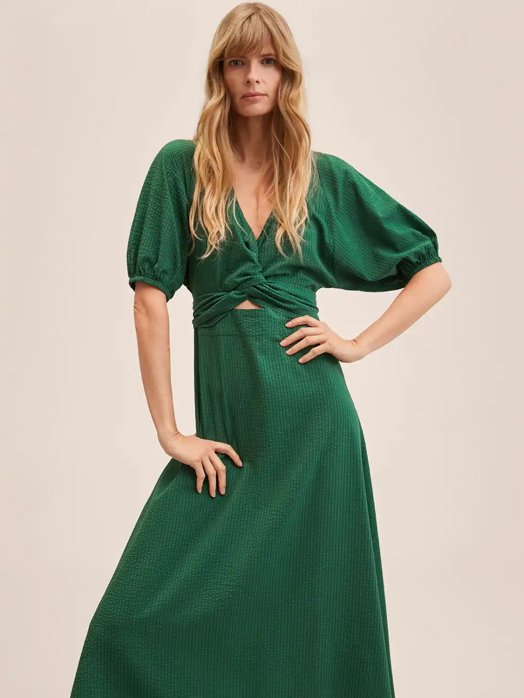 Buy MANGO Women Green Striped Twisted Cut Out Detail Puff Sleeves A-Line  Midi Dress - Dresses for Women 18319342 | Myntra