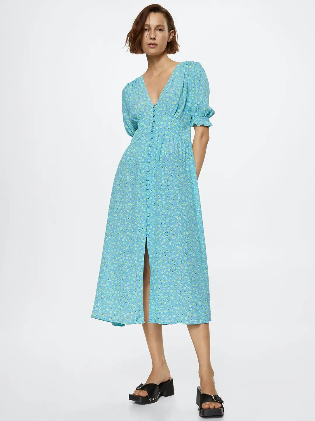 mango blue and green dress Buy & Floral Printed Front Slit A-Line Midi - Dresses for Women 18319492 Matte Satin Formal Gown