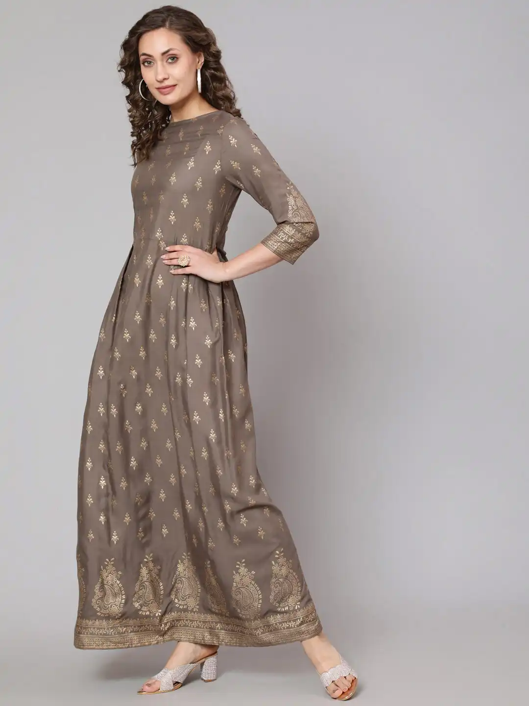 grey ethnic dress Women grey cotton ethnic motifs printed anarkali kurta