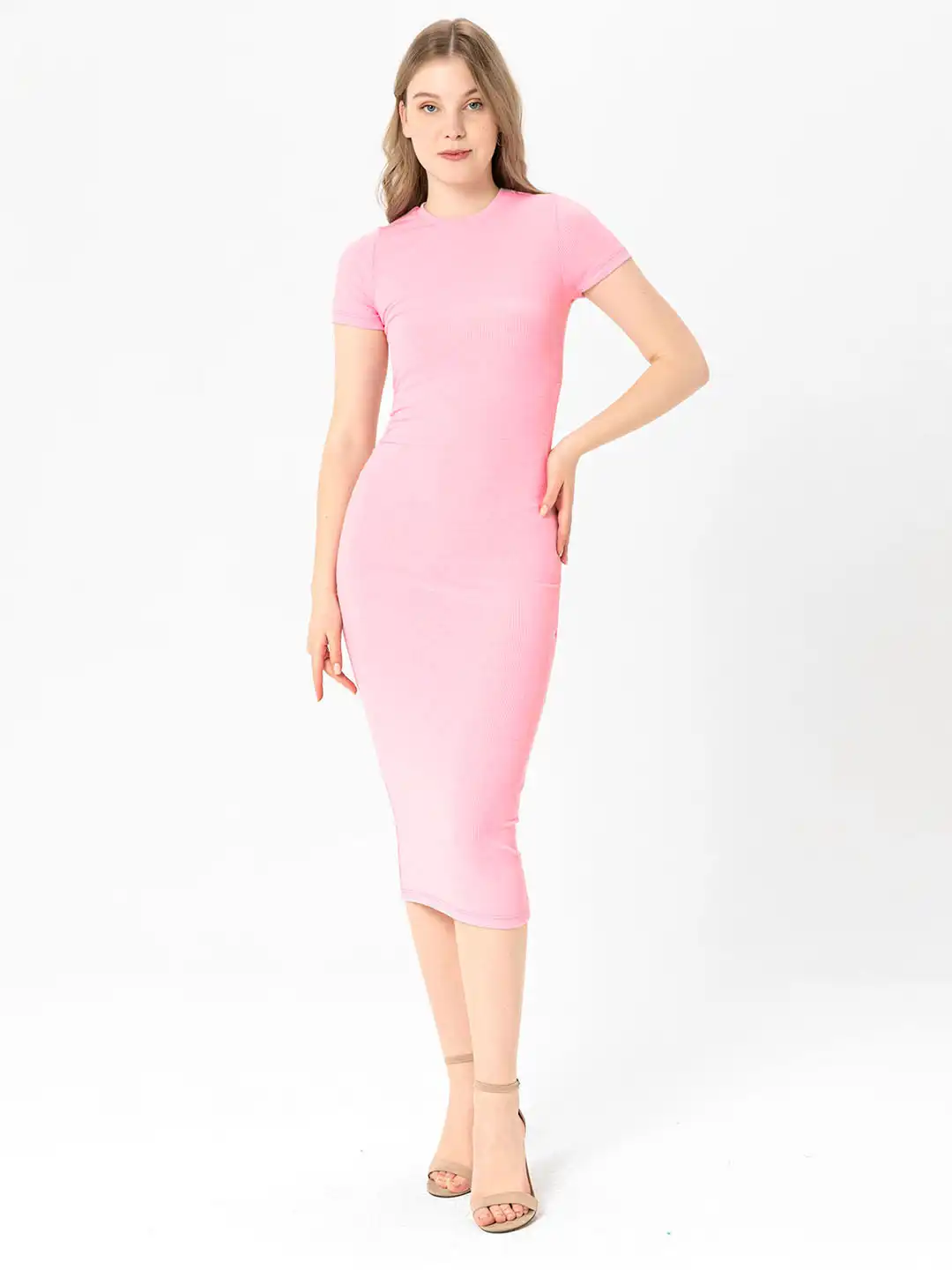 Buy busem Peach-Coloured Ribbed Ruched Midi Bodycon Dress - Dresses for  Women 18725146 | Myntra