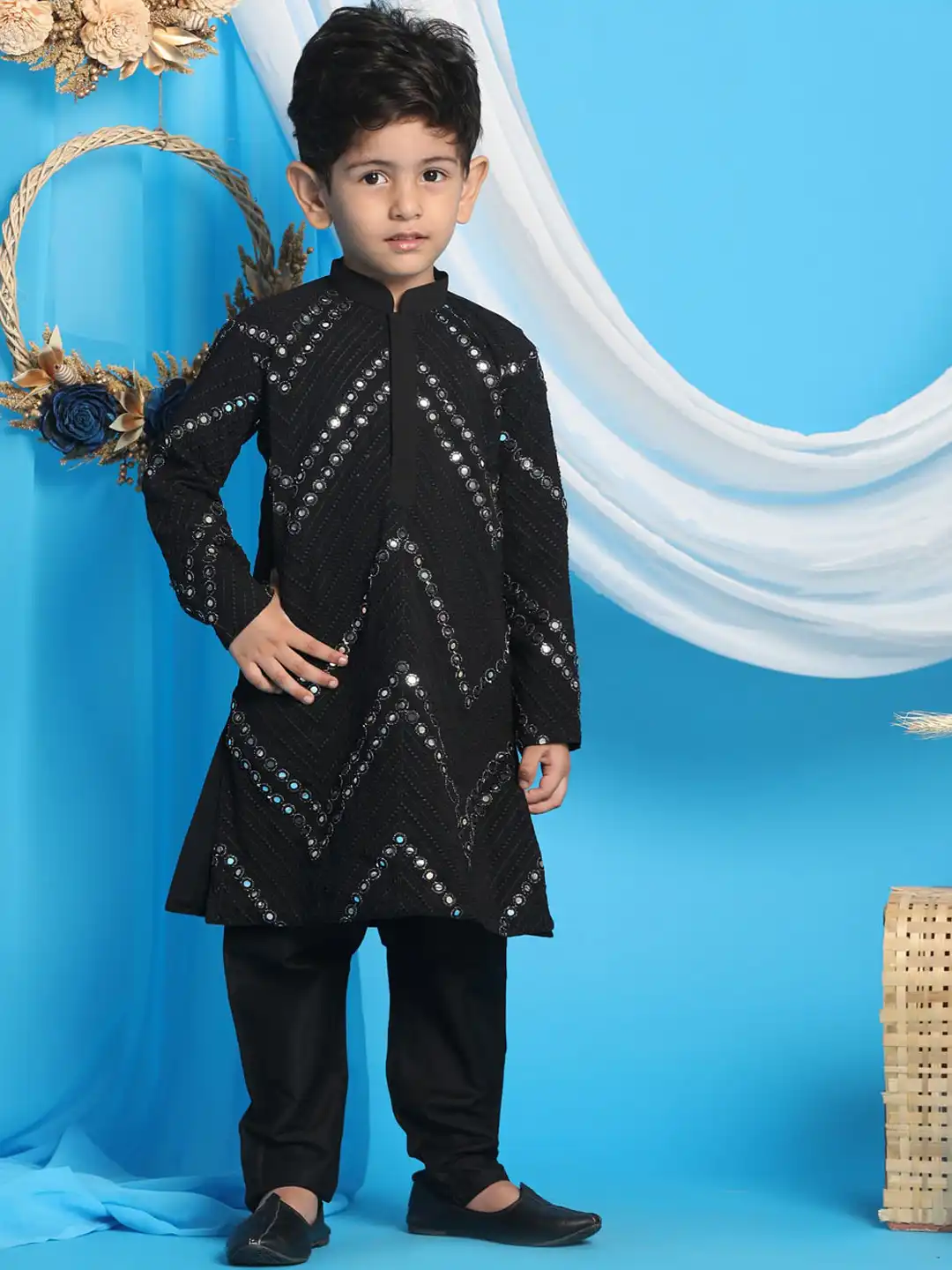 Buy VASTRAMAY Boys Black Embroidered Layered Mirror Work Kurta