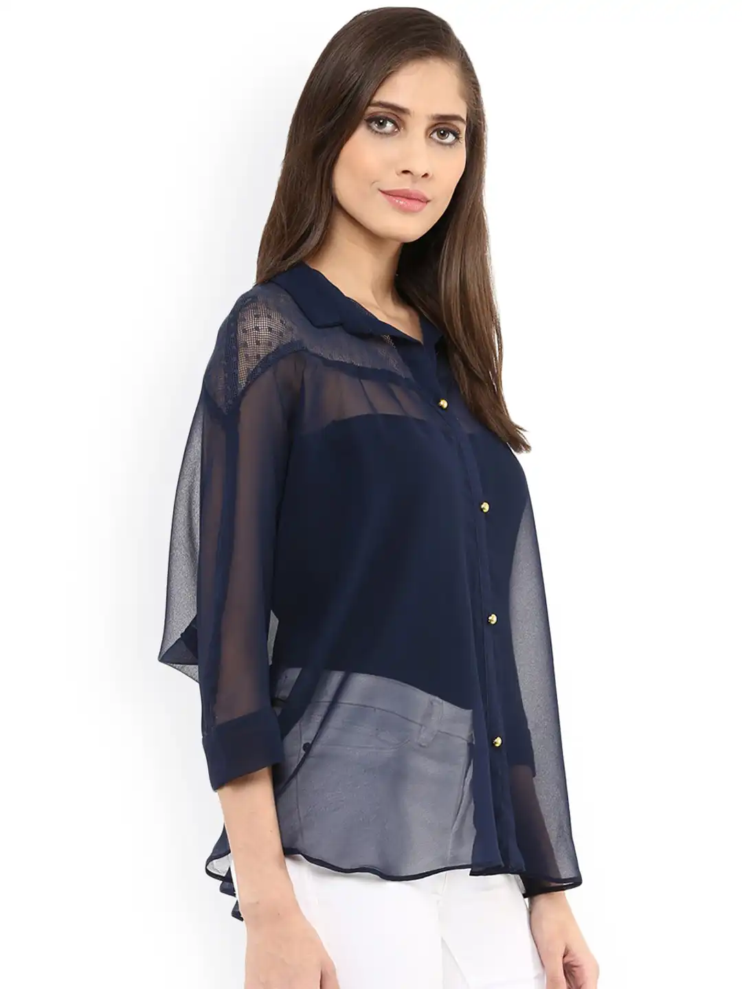 Buy Zima Leto Women Navy Solid Sheer Shirt-Style Top - Tops for
