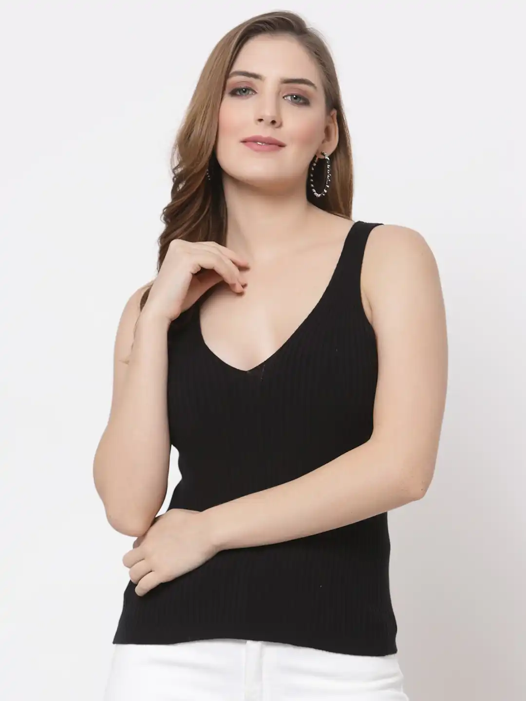 Buy Kalt Black Pure Cotton Ribbed Knitted Tank Top - Tops for