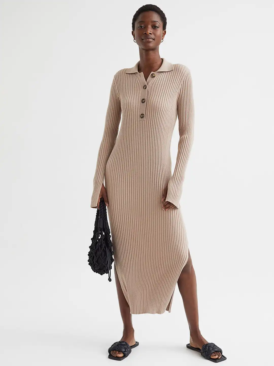 Buy H&M Women Beige Solid Collared Rib-Knit Dress - Dresses for Women  19148114 | Myntra