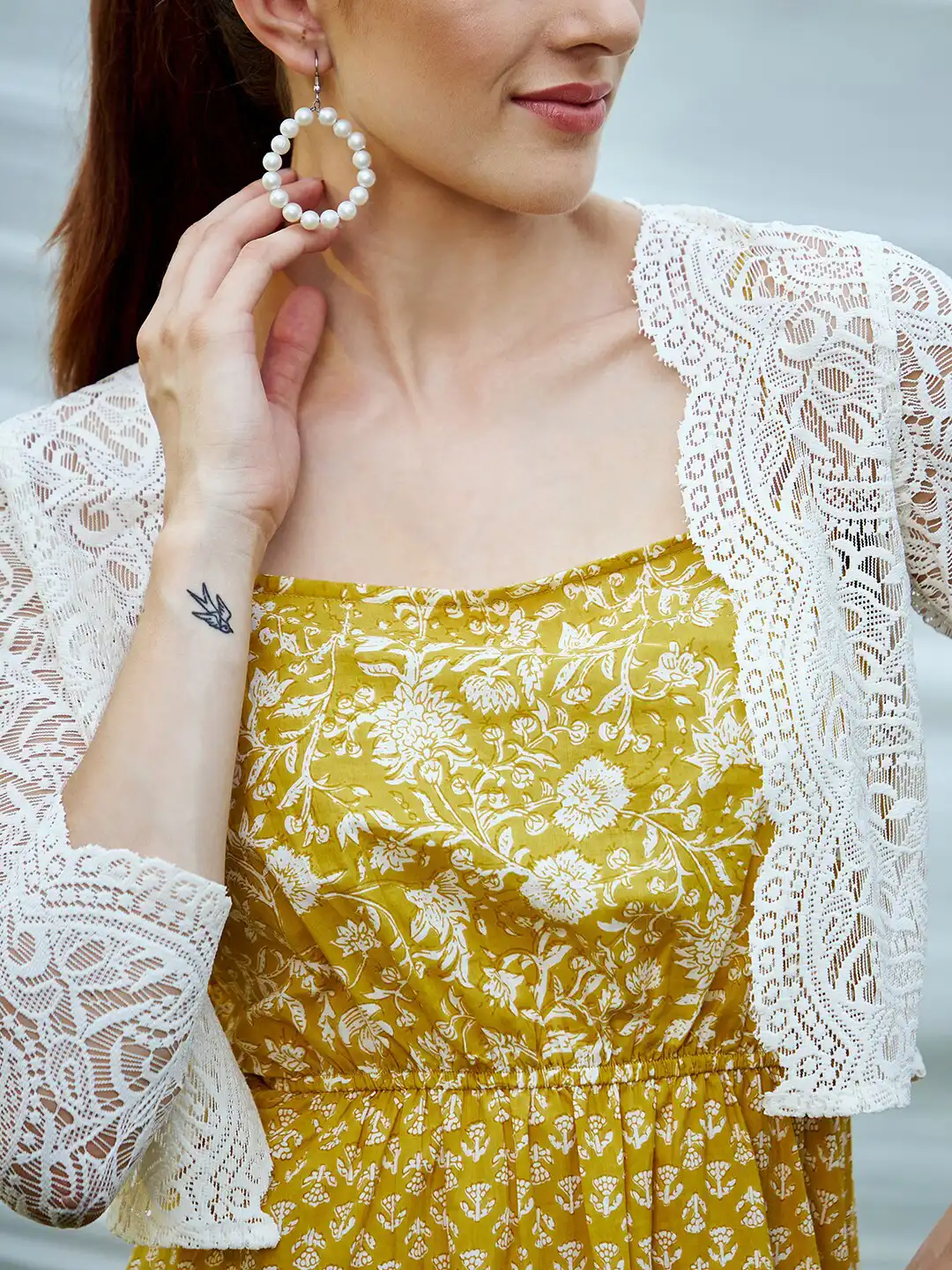 Buy Athena Yellow & White Floral Midi Dress With Lace Jacket