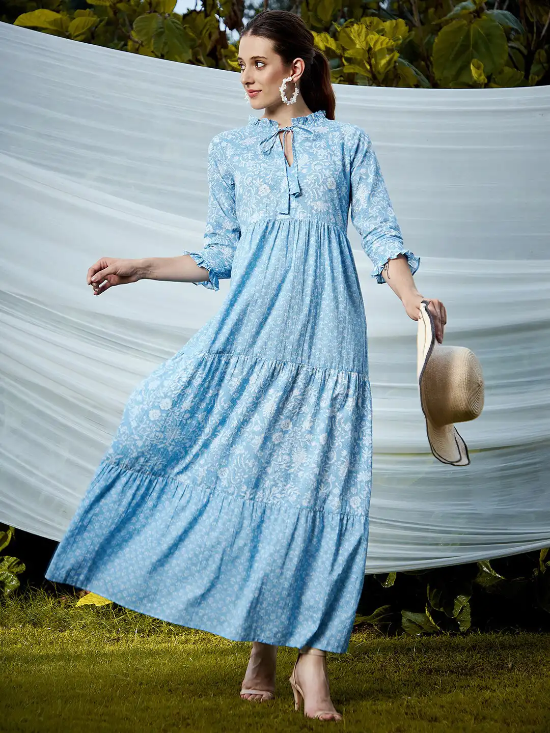 ethnic blue dress Powder Blue Ethnic Motif Printed Chiffon Long Dress With Dori