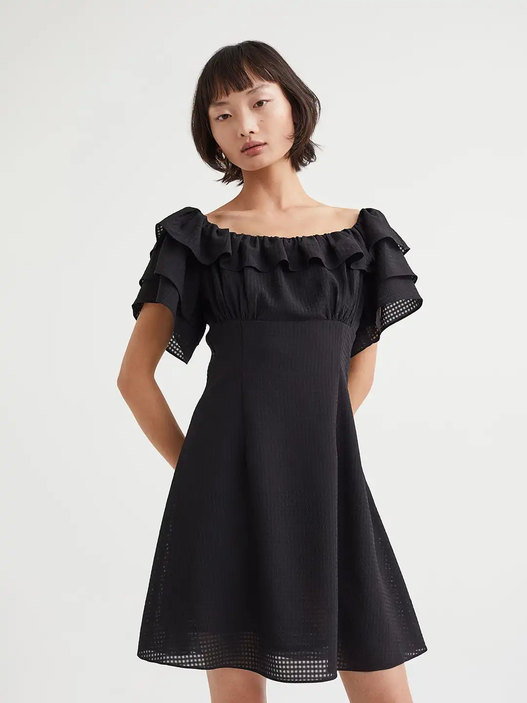 Buy H&M Black Short Flounce-Trimmed Dress - Dresses for Women 19399694 |  Myntra