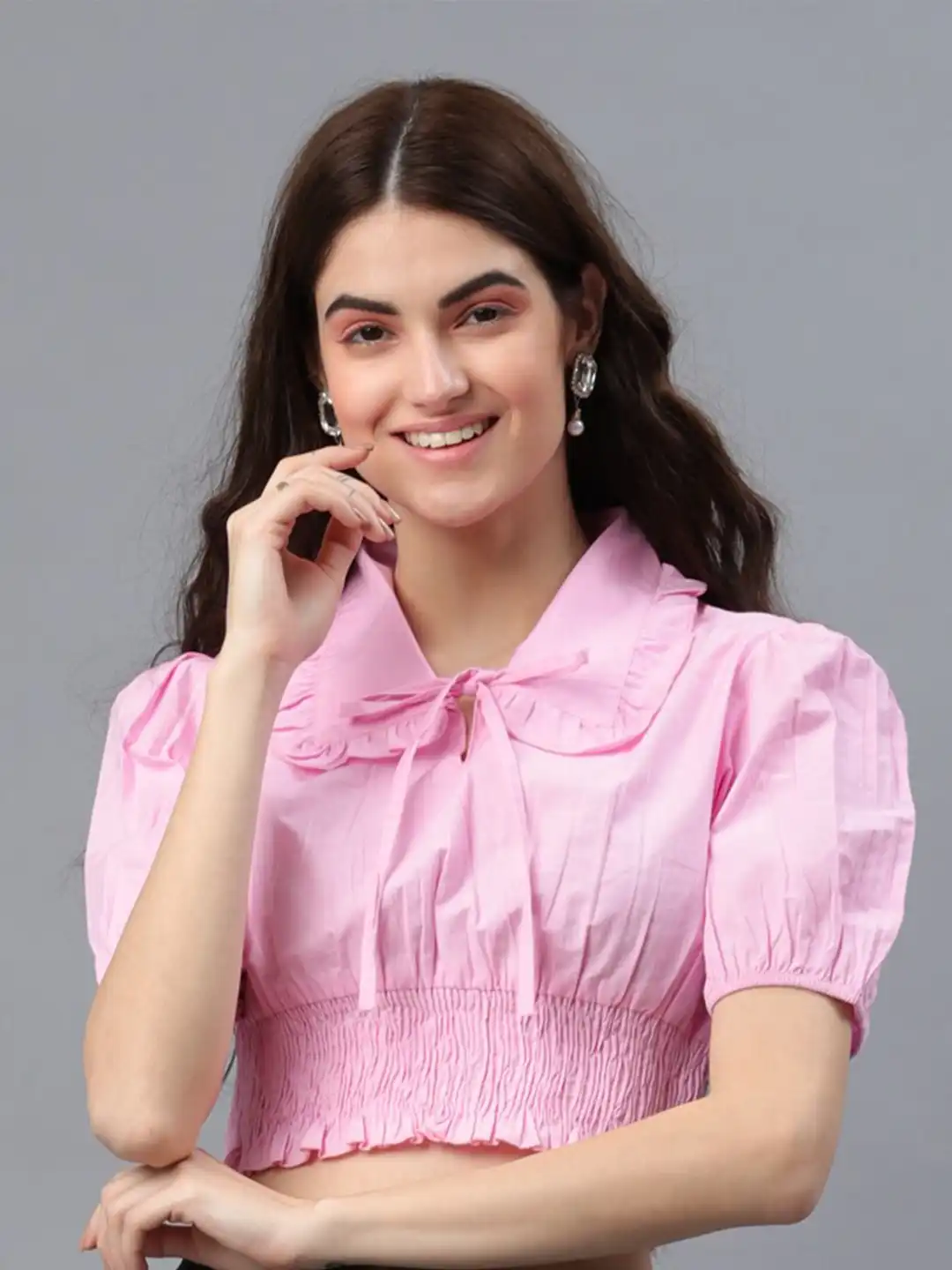 Buy Fuchsia Pink Tie-Up Neck Shirt Style Top - Tops for Women