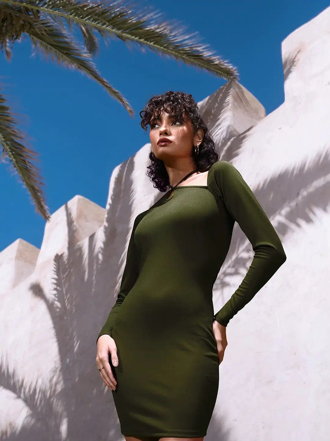 olive green bodycon dress with sleeves Pia V Neck Bandage Dress, Olive Green for Women, Polyester and Elastane, XL main image 0