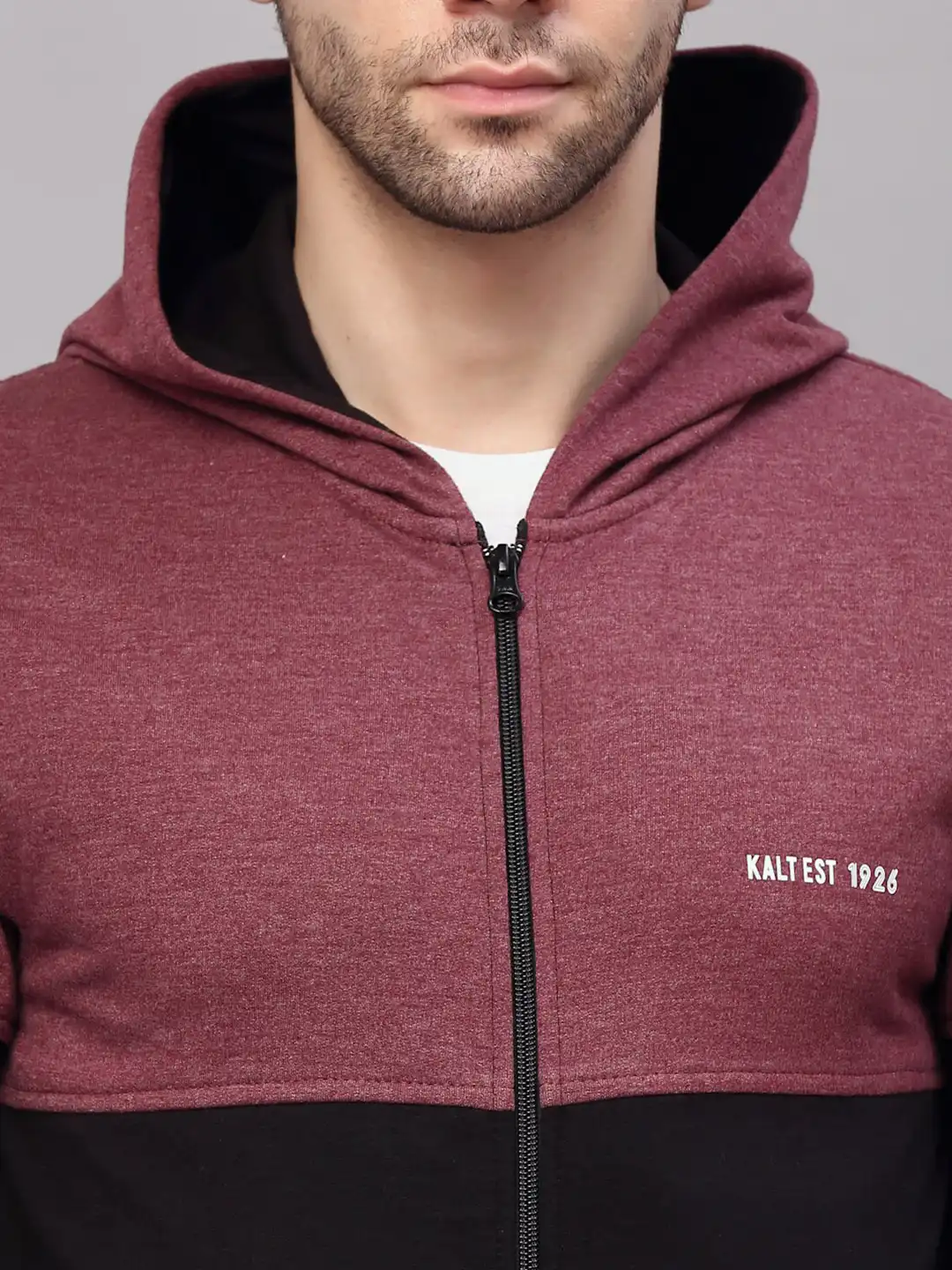 Buy Kalt Men Maroon Colourblocked Zipper Hoodie Sweatshirt