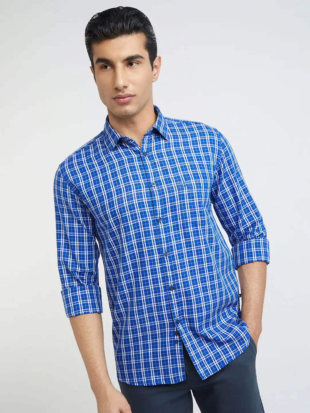 【MYNE】CHECK SHRT/BLUE Buy Parx Men Blue Slim Fit Checked Casual Shirt - Shirts for Men