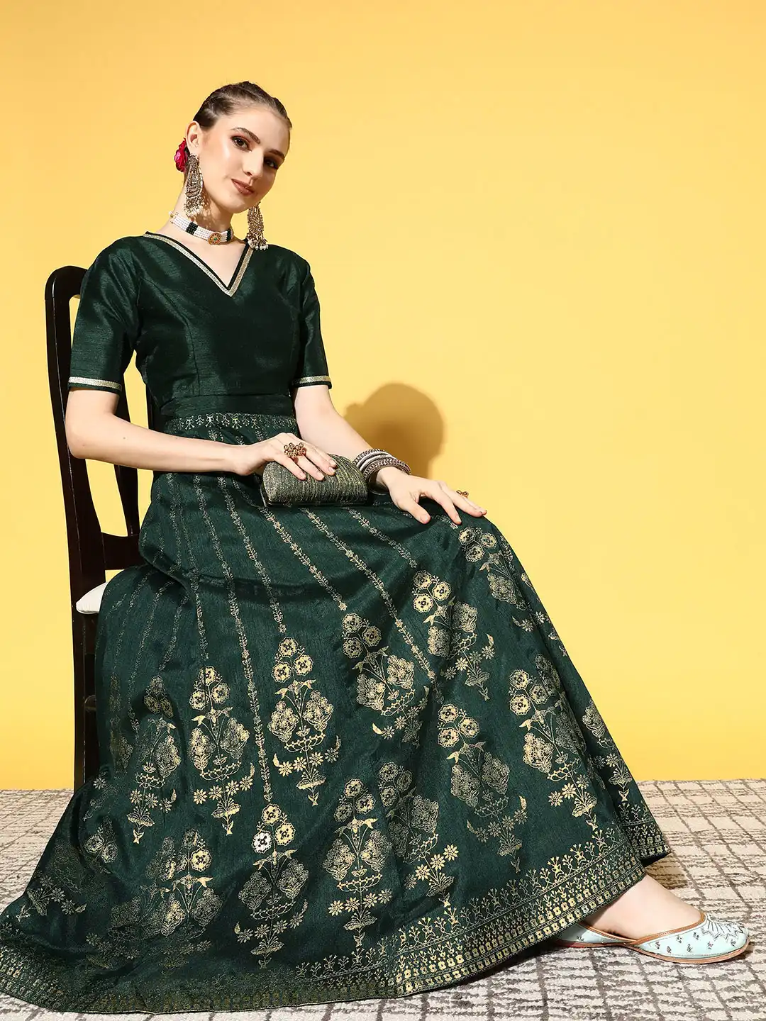 Buy Shae by SASSAFRAS Gorgeous Green Floral Brocade Skirt - Skirts