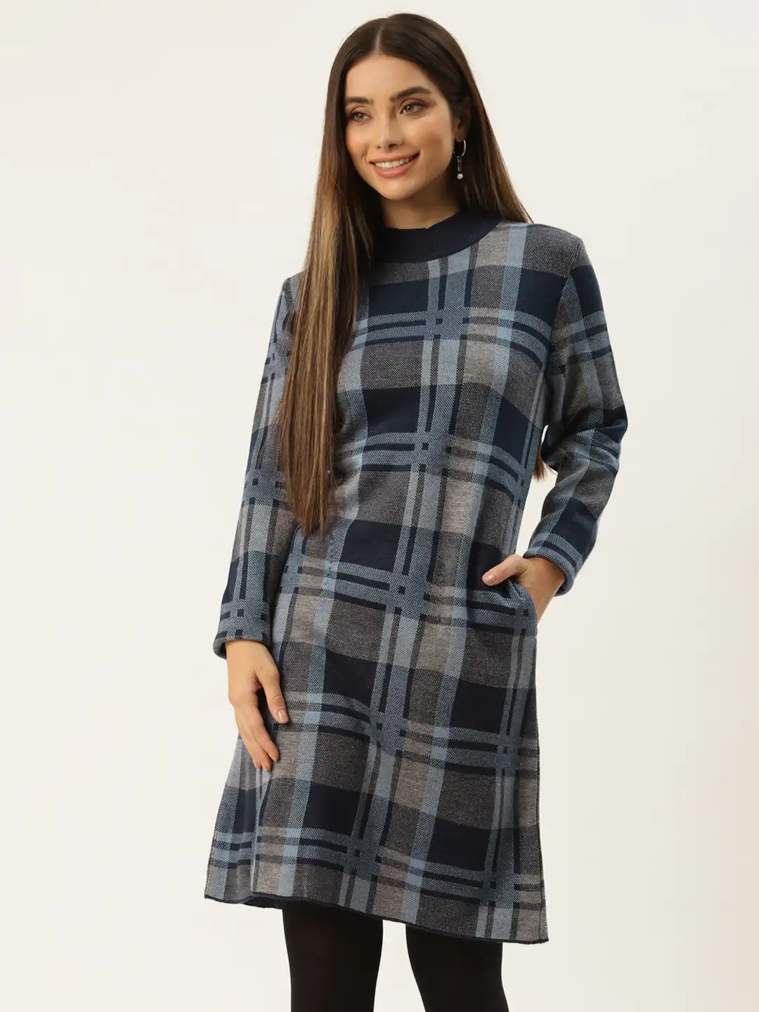 Buy APSLEY Blue Checked A-Line Winter Dress - Dresses for Women 19765280 |  Myntra